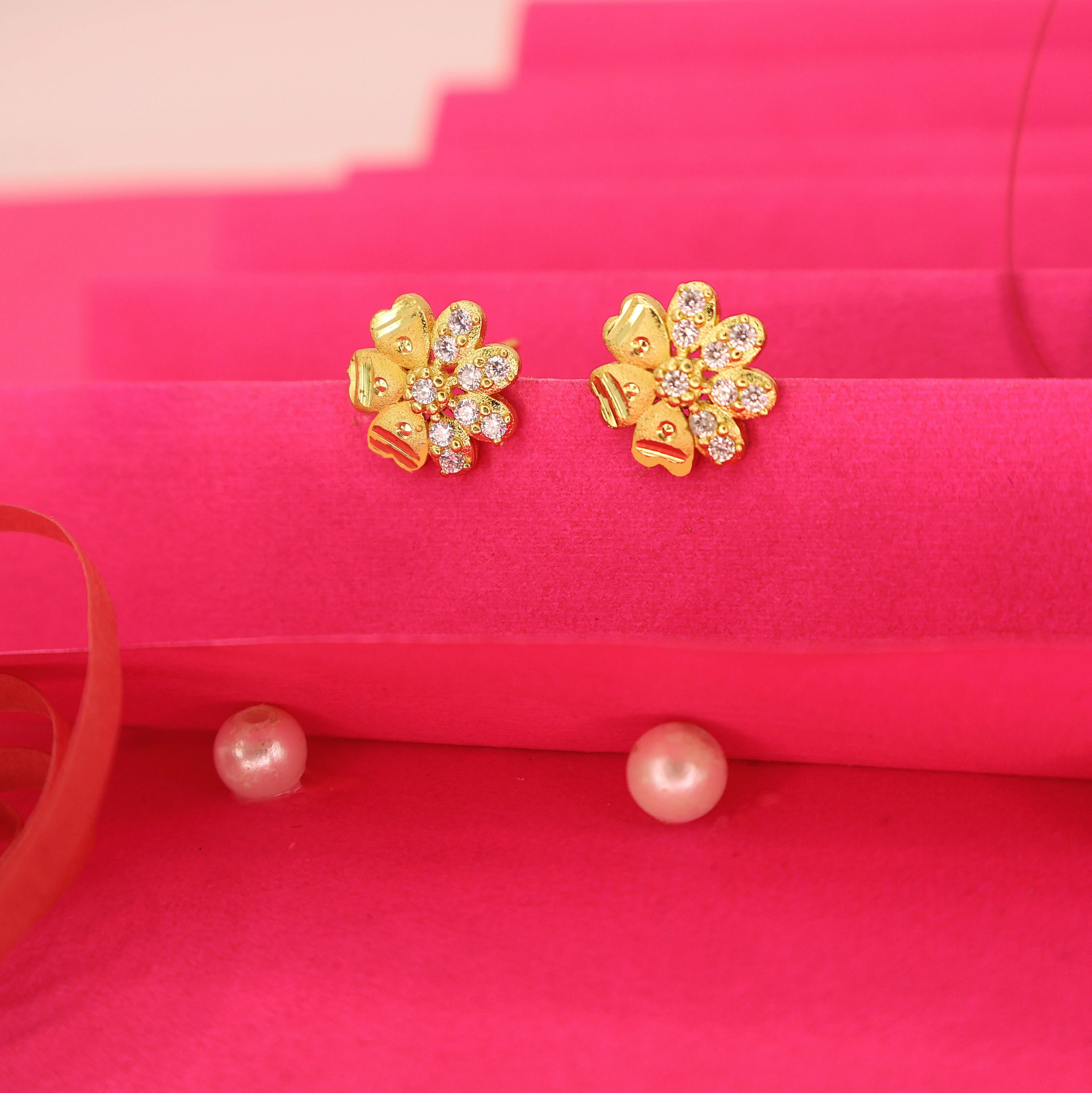 Gold Plated Flower Stud Earrings with AD for women and girls - Image 2