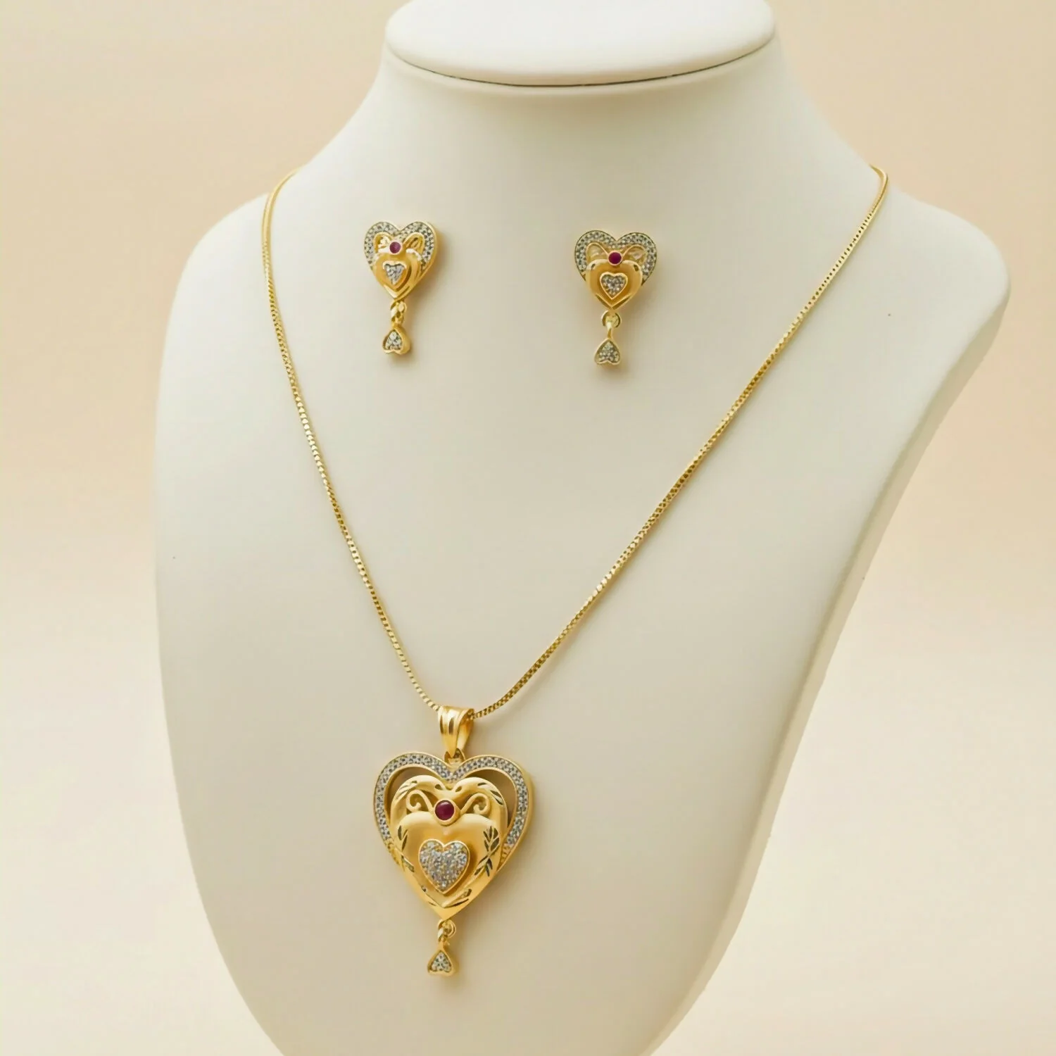 Gold-plated Heart Pendant and Earrings Set with Ruby and Cubic Zirconia - Image 2