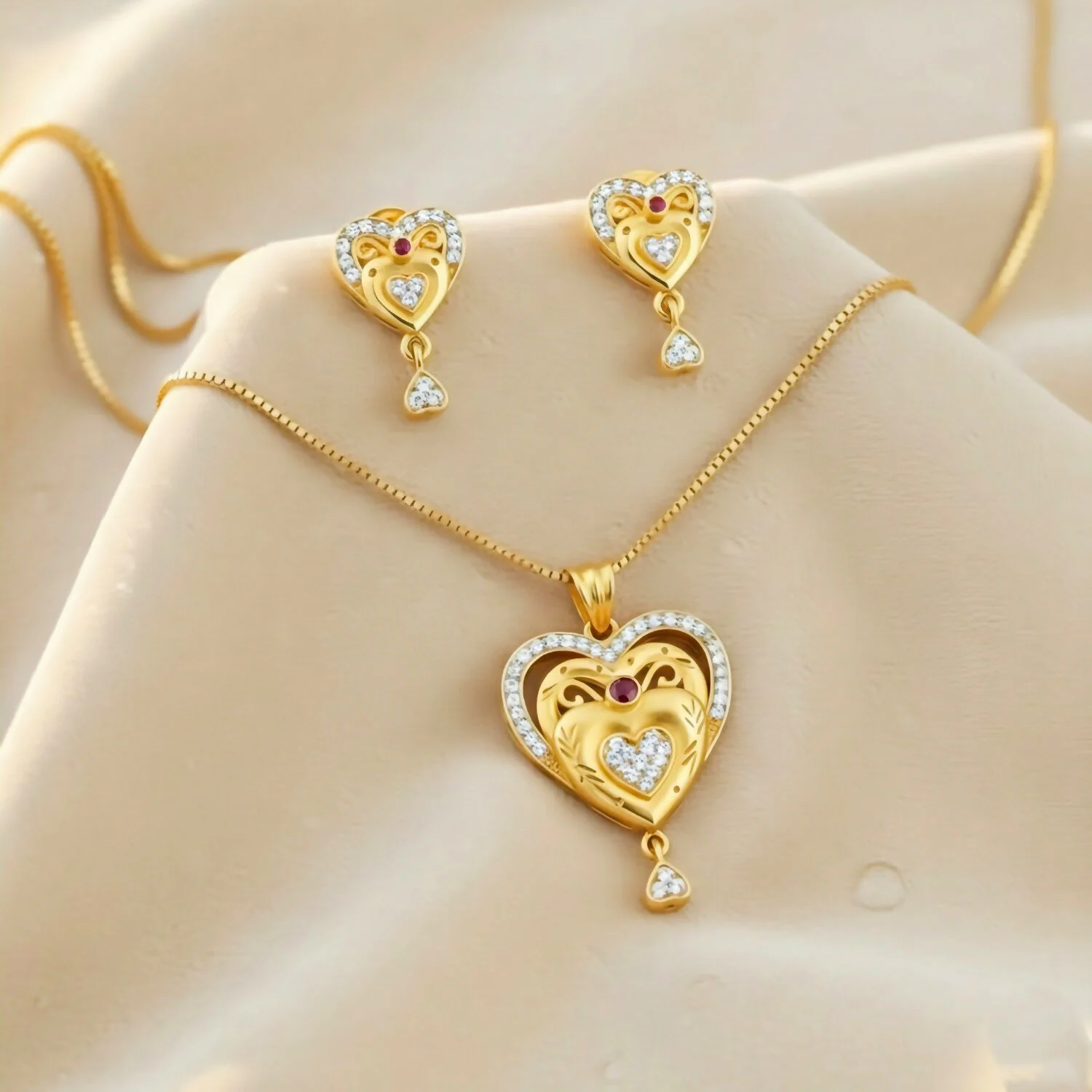 Gold-plated Heart Pendant and Earrings Set with Ruby and Cubic Zirconia - Image 3