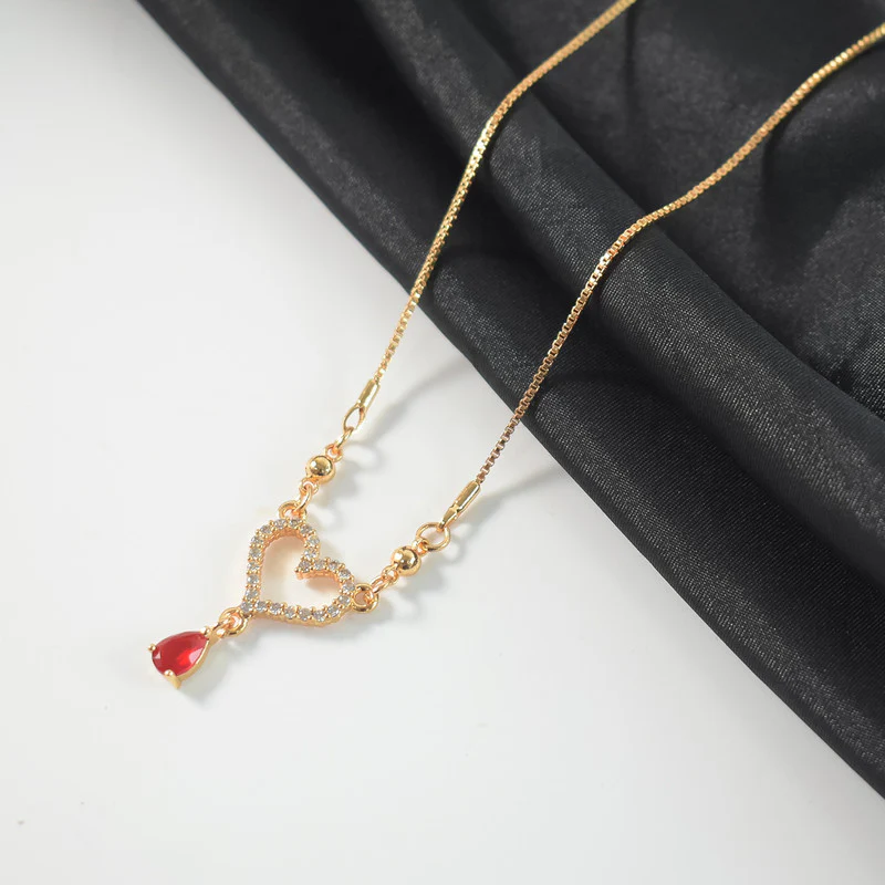 Gold-Plated Heart Pendant Necklace with Red Crystal Drop for Women - Image 2