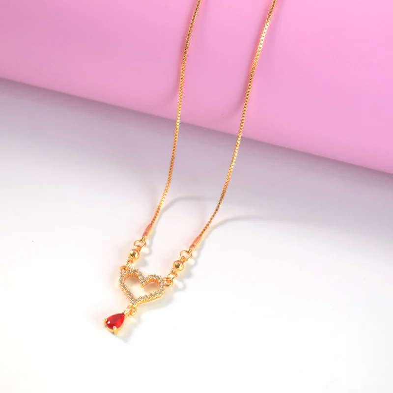 Gold-Plated Heart Pendant Necklace with Red Crystal Drop for Women - Image 3