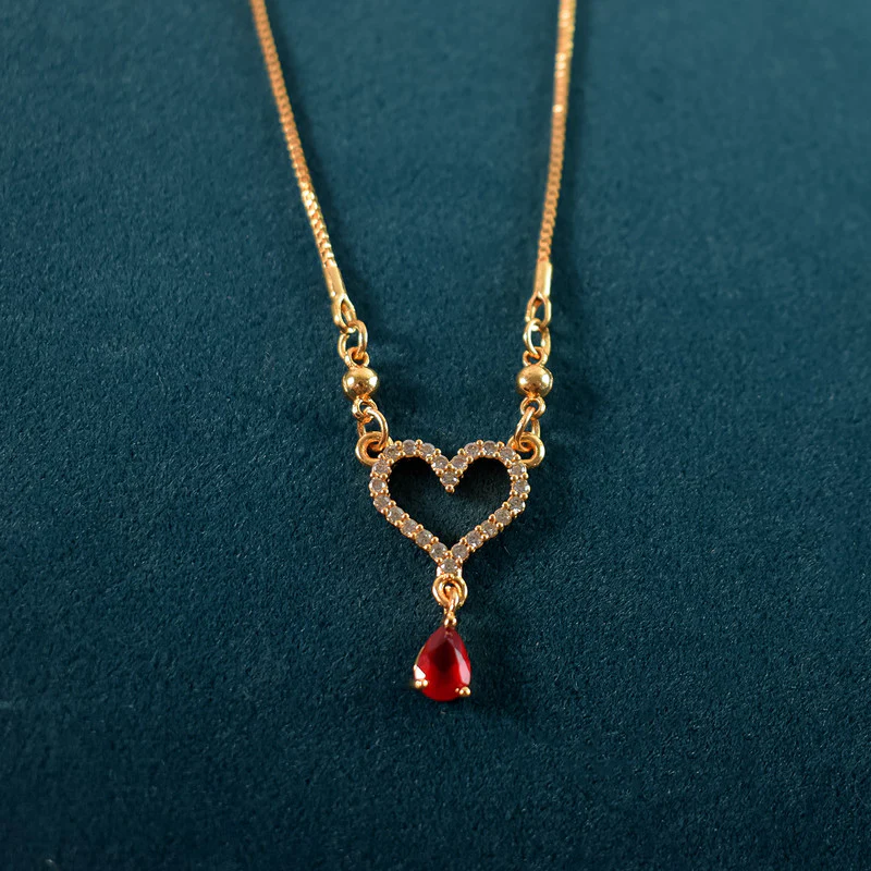 Gold-Plated Heart Pendant Necklace with Red Crystal Drop for Women - Image 4