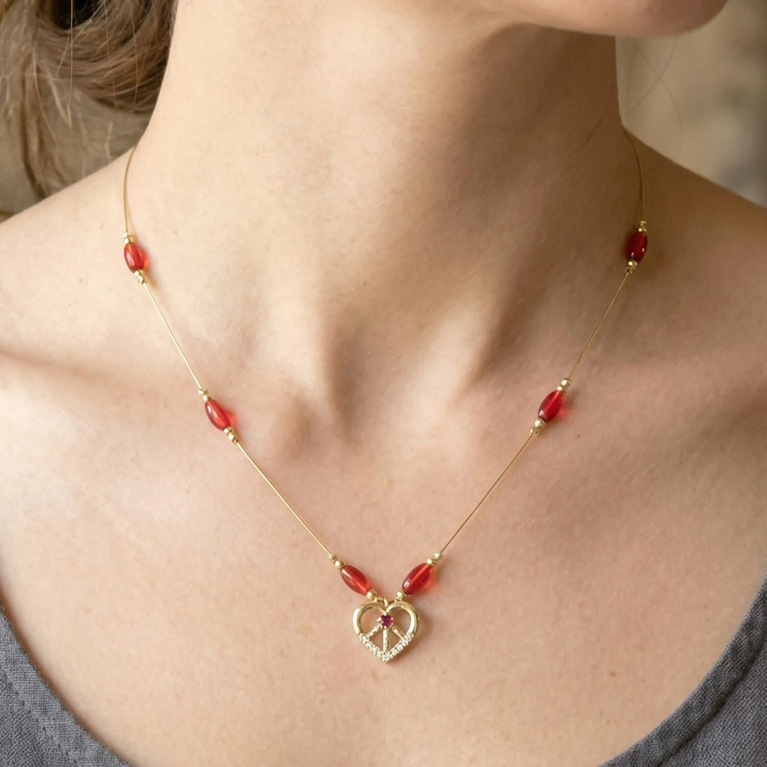 Heart Pendant Necklace with Tricolor Beads and Ruby Accent (3Pc/Set) - Image 2