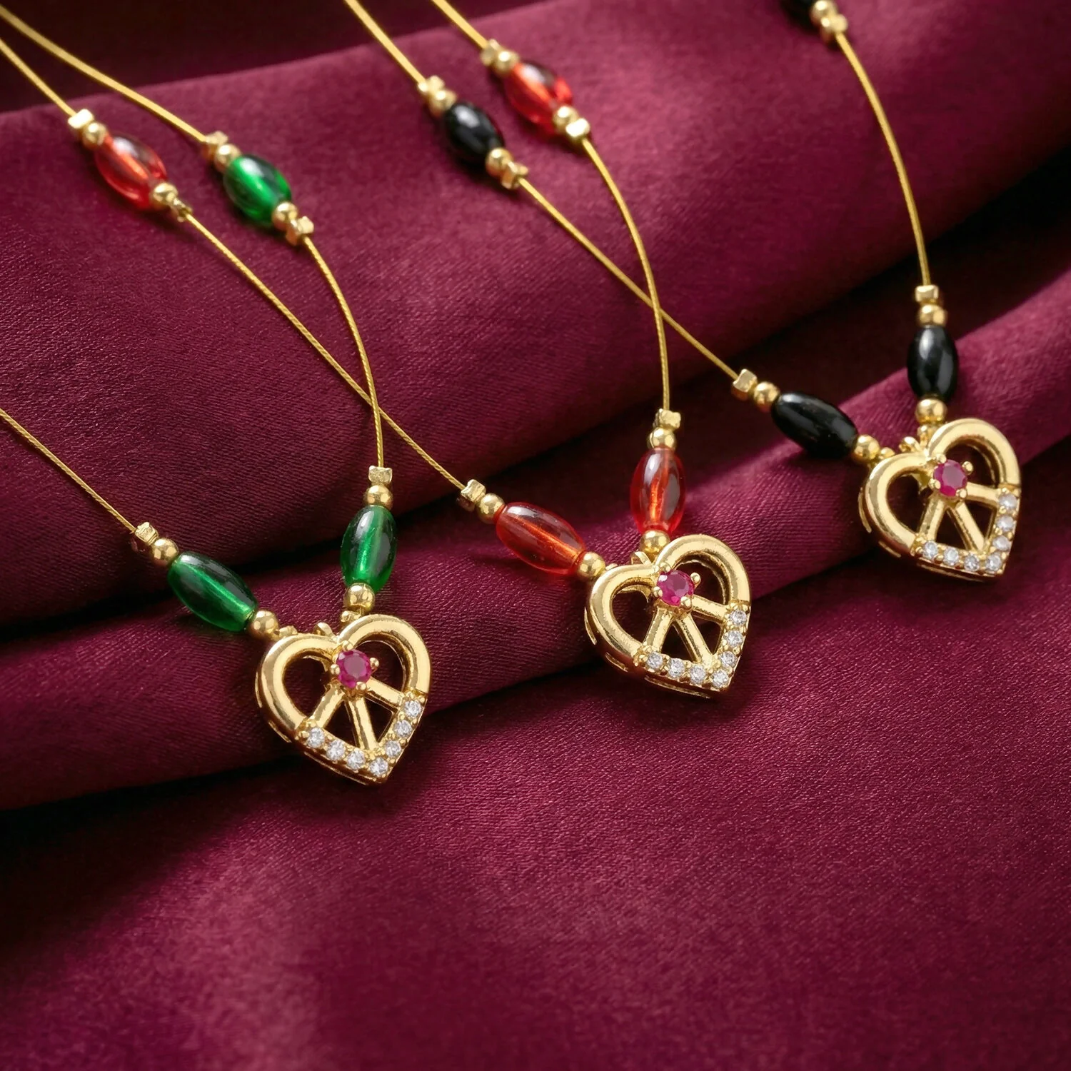 Heart Pendant Necklace with Tricolor Beads and Ruby Accent (3Pc/Set) - Image 3