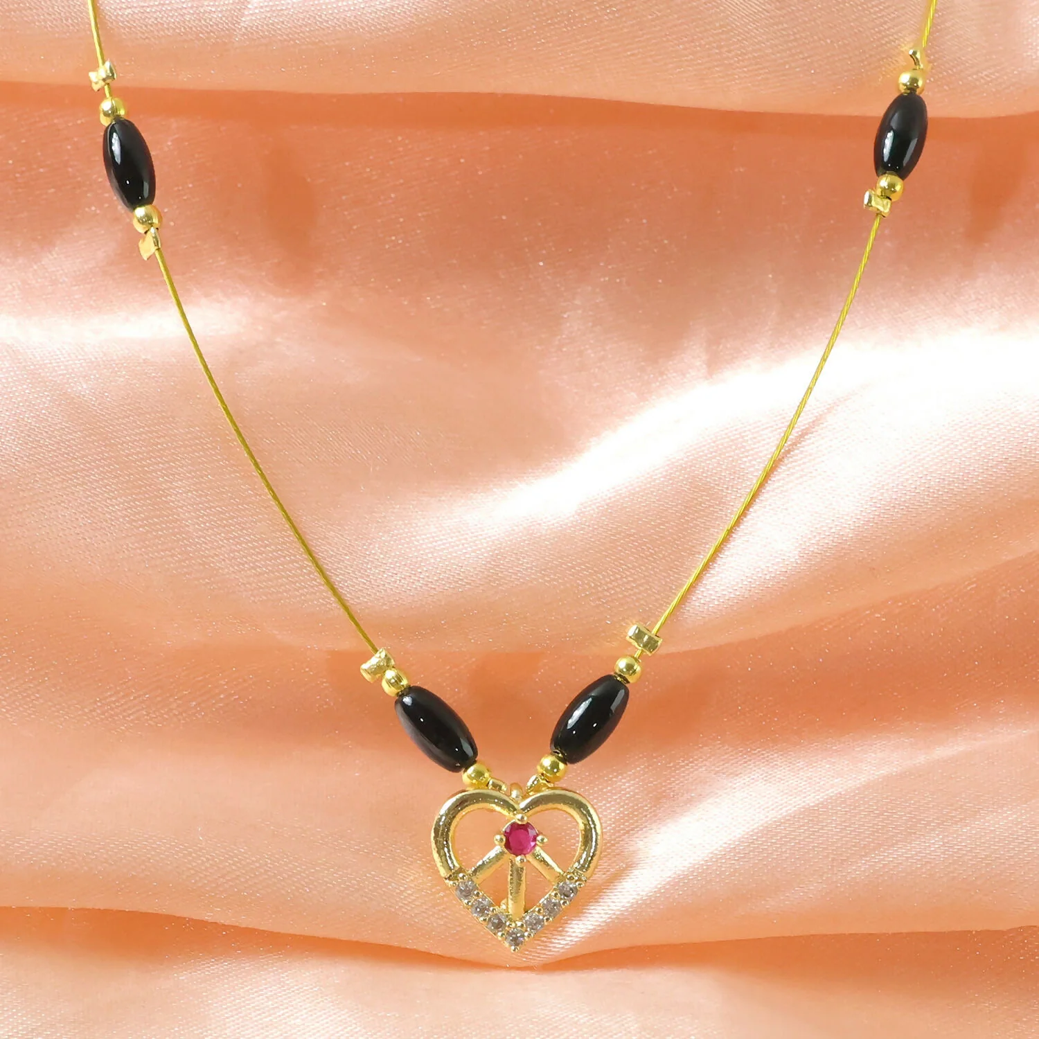 Heart Pendant Necklace with Tricolor Beads and Ruby Accent (3Pc/Set) - Image 4