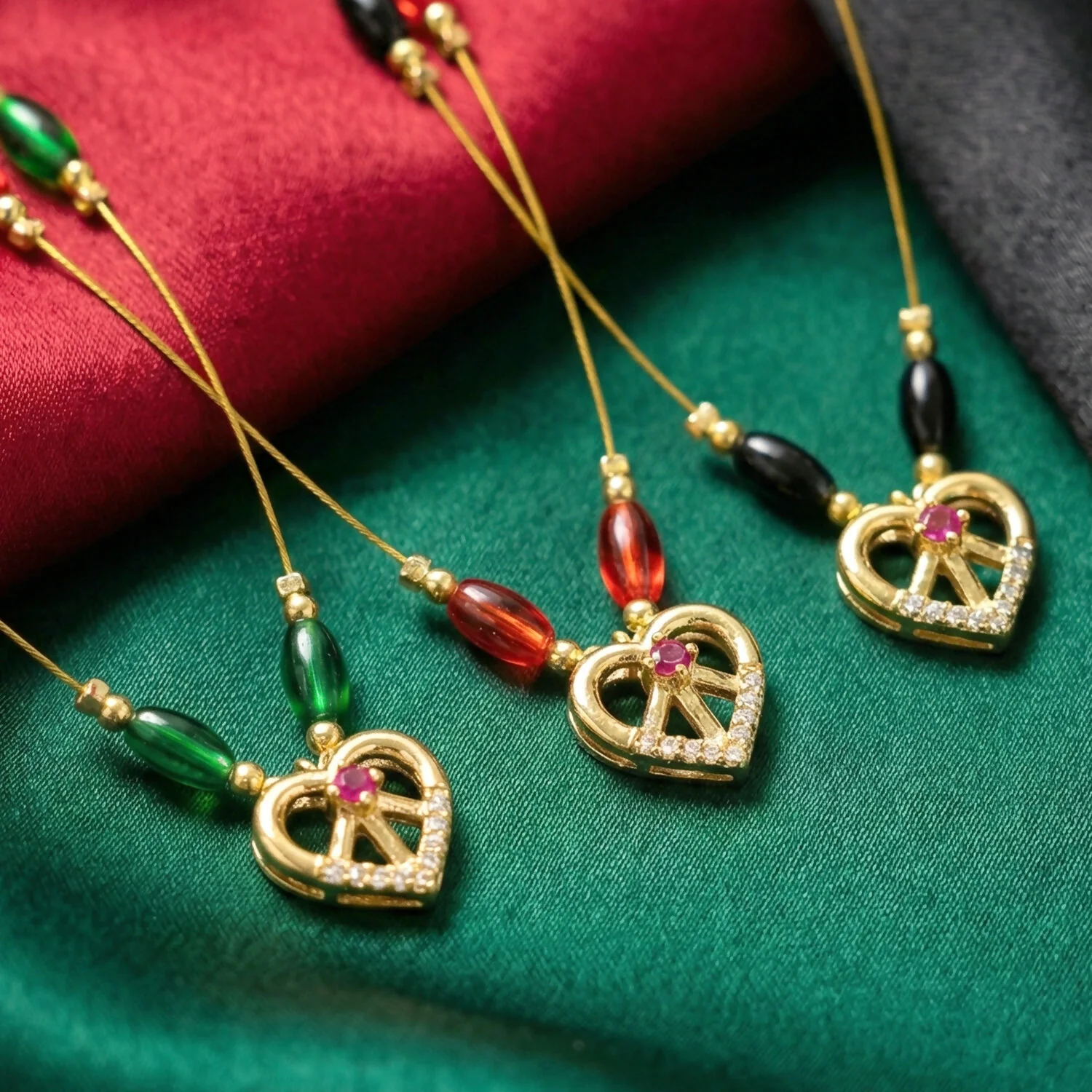 Heart Pendant Necklace with Tricolor Beads and Ruby Accent (3Pc/Set) - Image 5