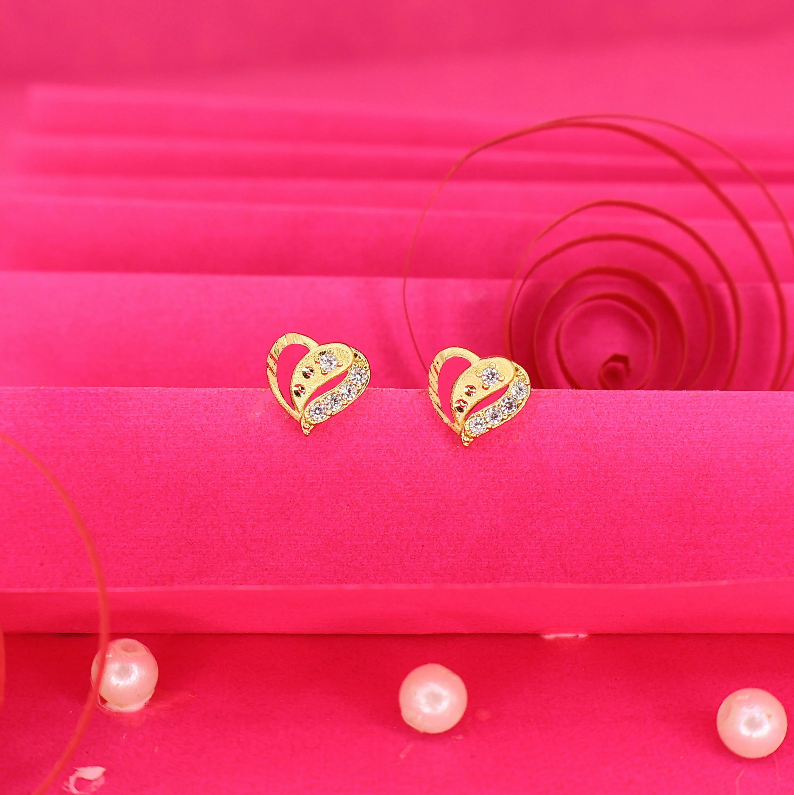 Gold Plated Heart Stud Earrings with Sparkling AD for women and girls - Image 2