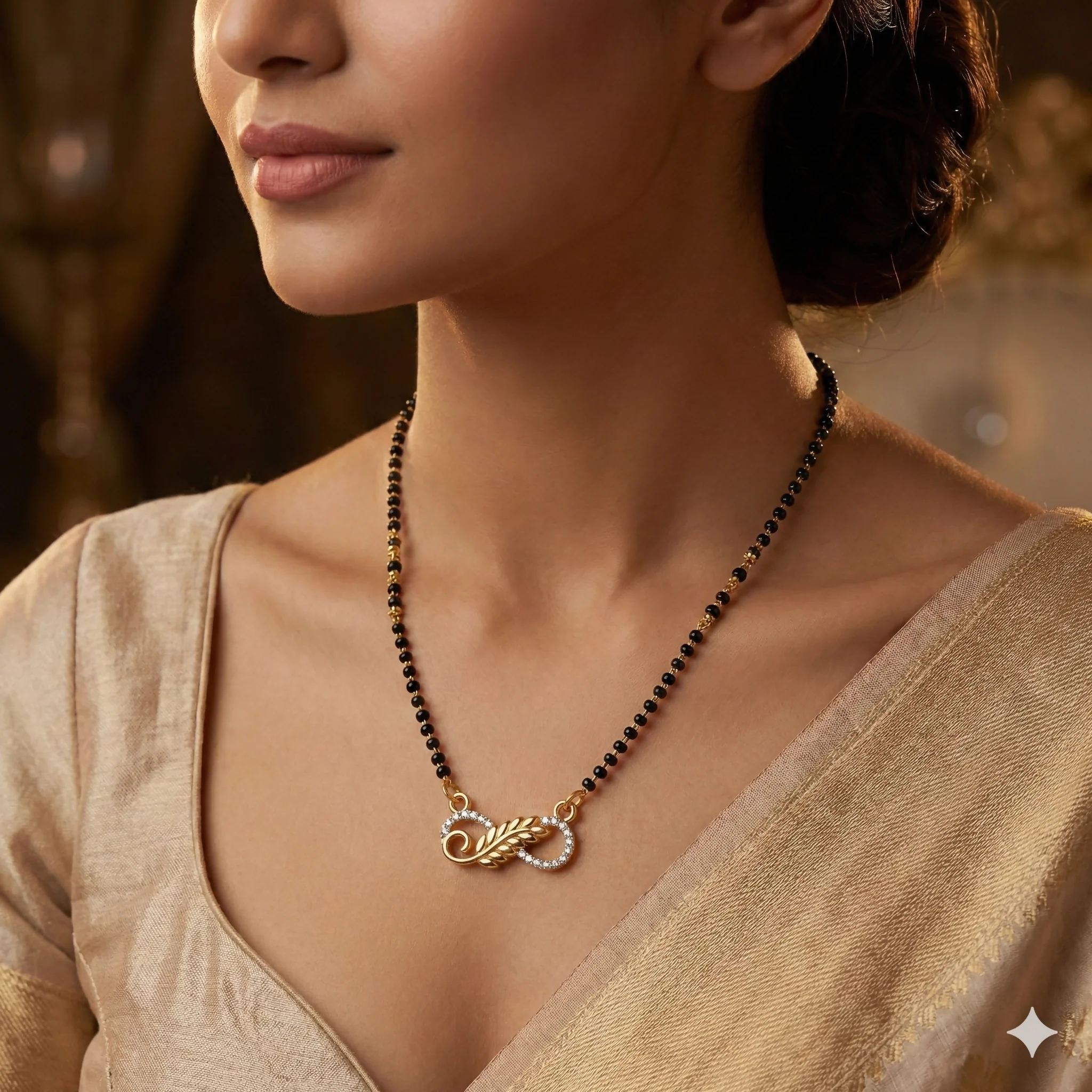 Gold Plated Infinity Leaf AD Mangalsutra with Black Beads for women - Image 2