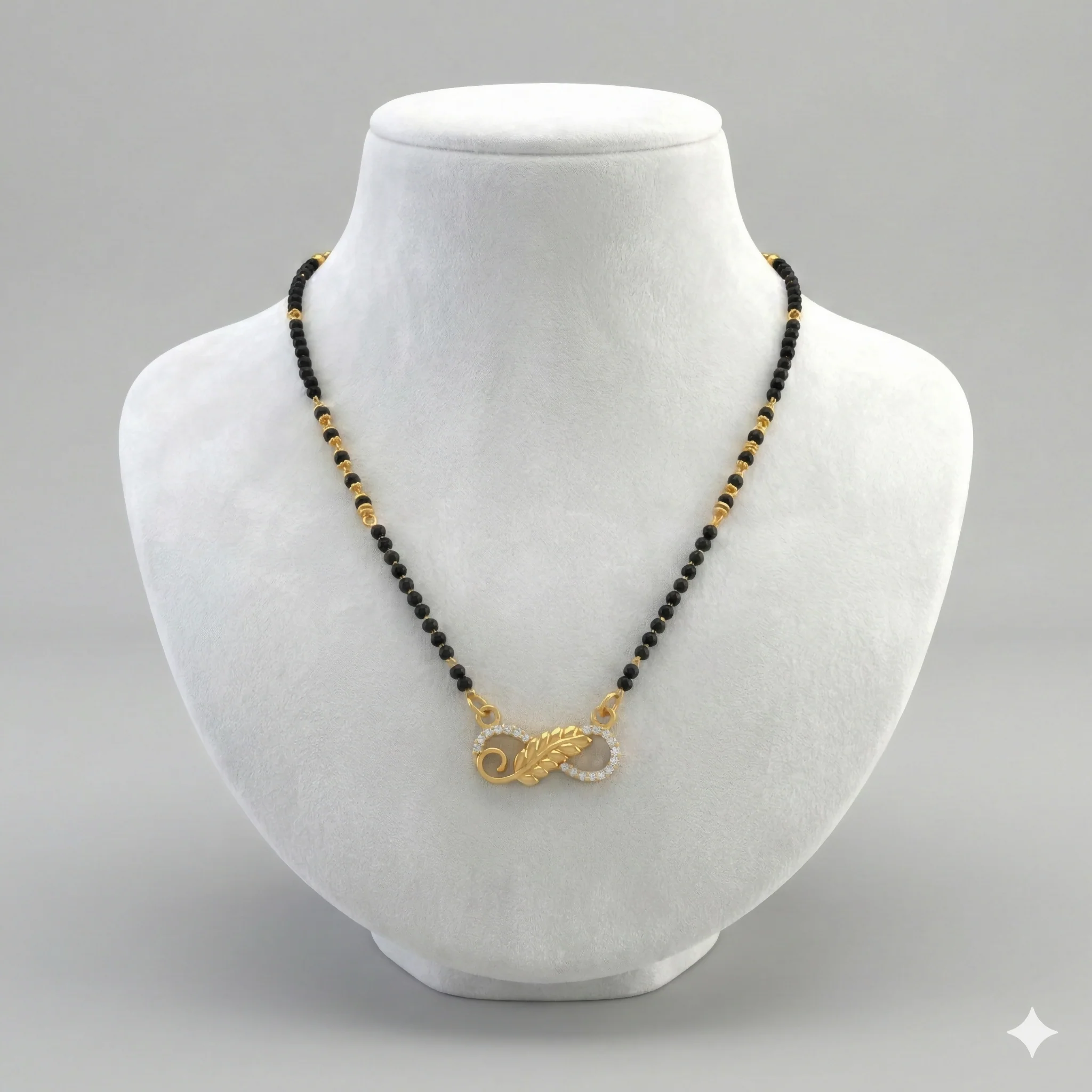 Gold Plated Infinity Leaf AD Mangalsutra with Black Beads for women - Image 3