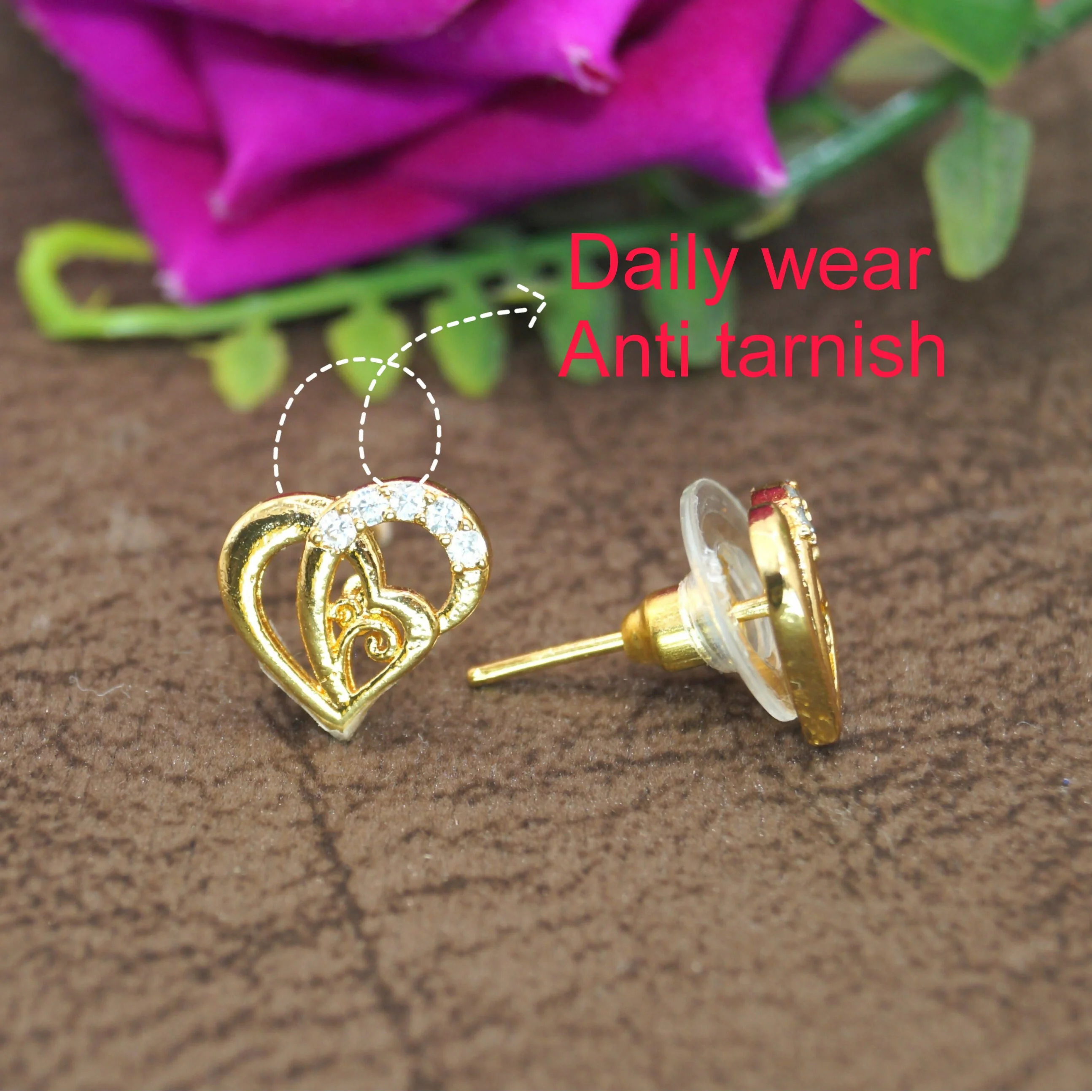 Gold Plated Interlocking Heart Stud Earrings with AD for women & girls - Image 3