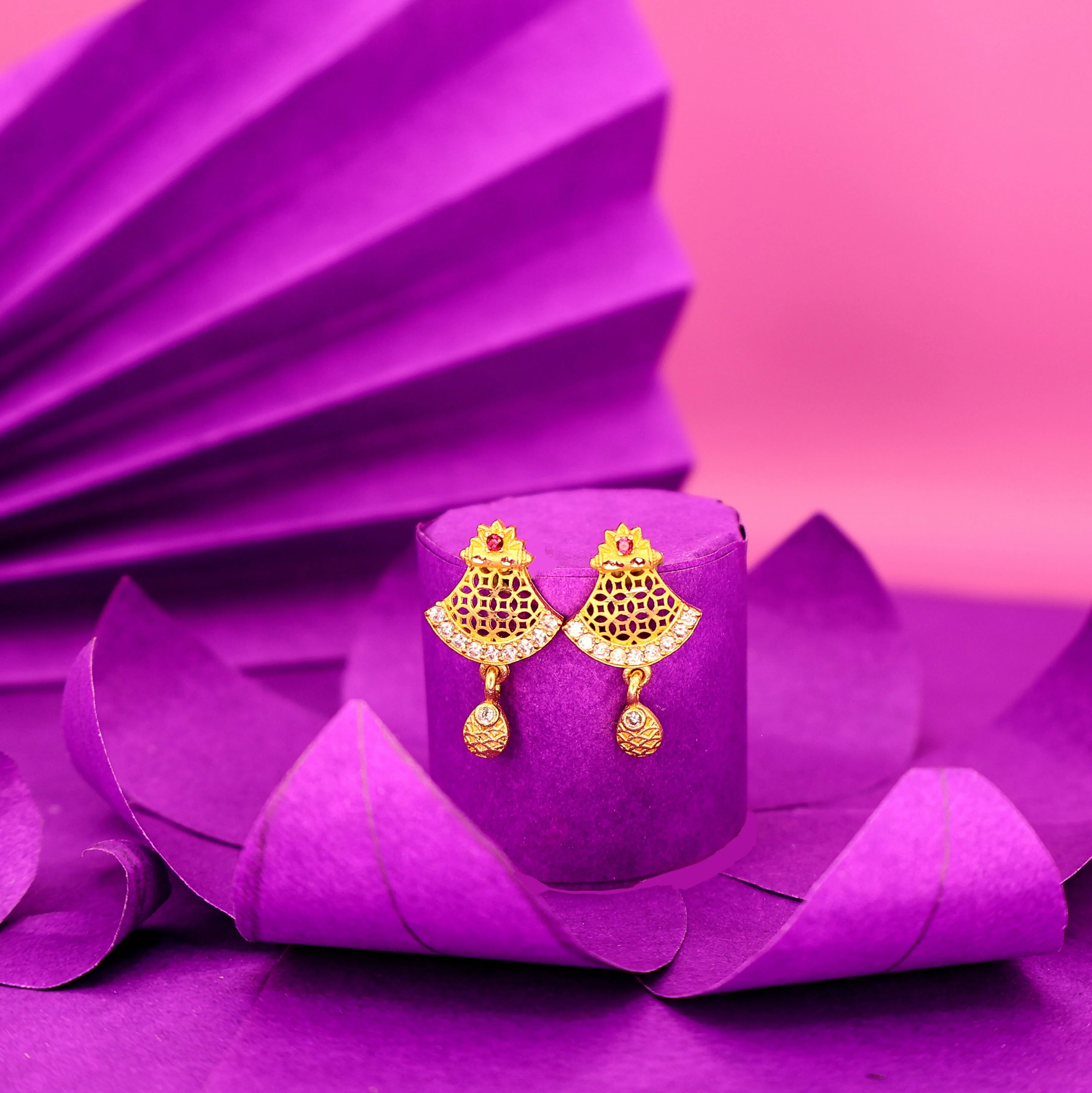 Gold Plated Jali Work & AD Stud Earrings for women and girls - Image 2