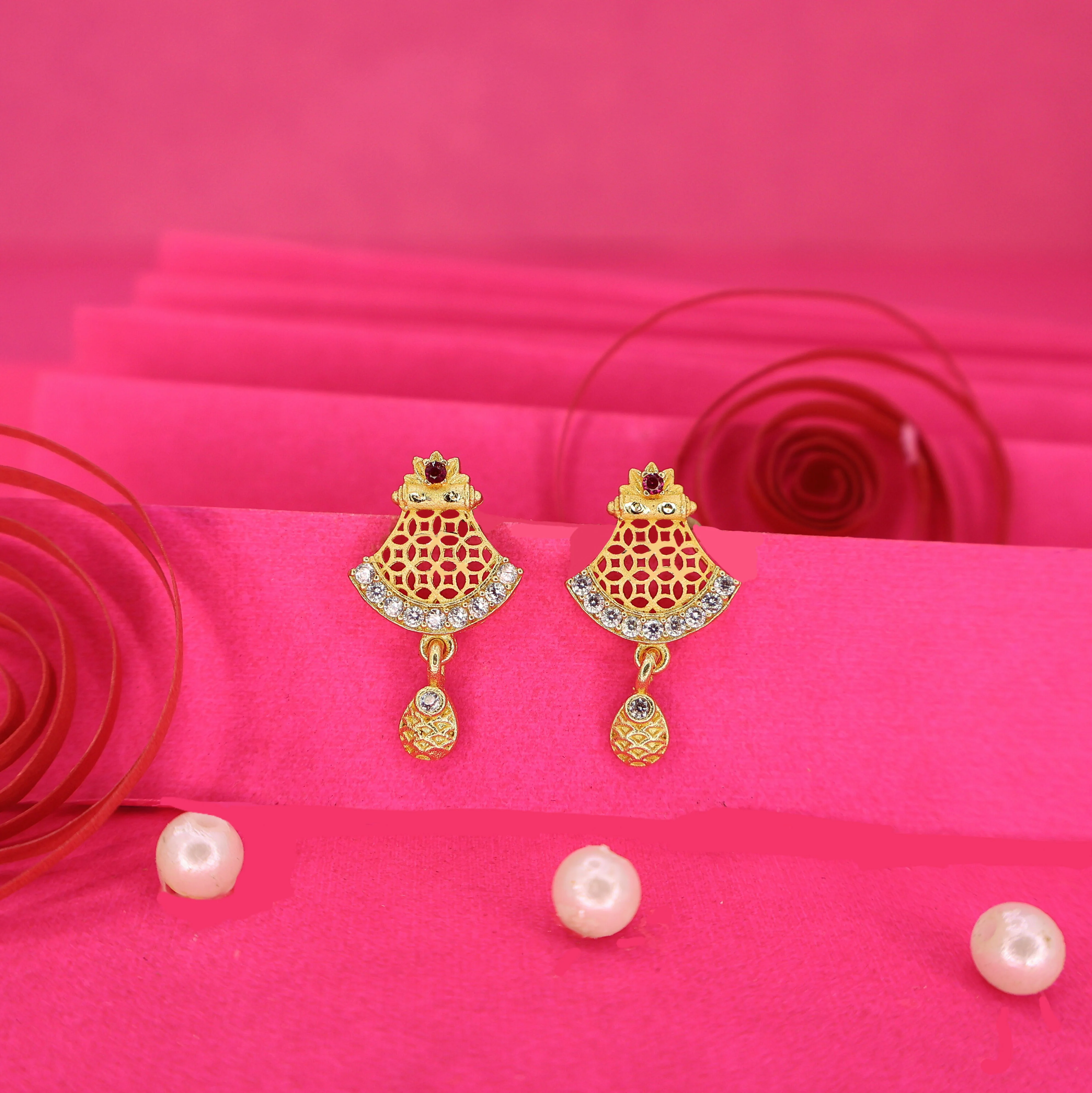Gold Plated Jali Work & AD Stud Earrings for women and girls - Image 3