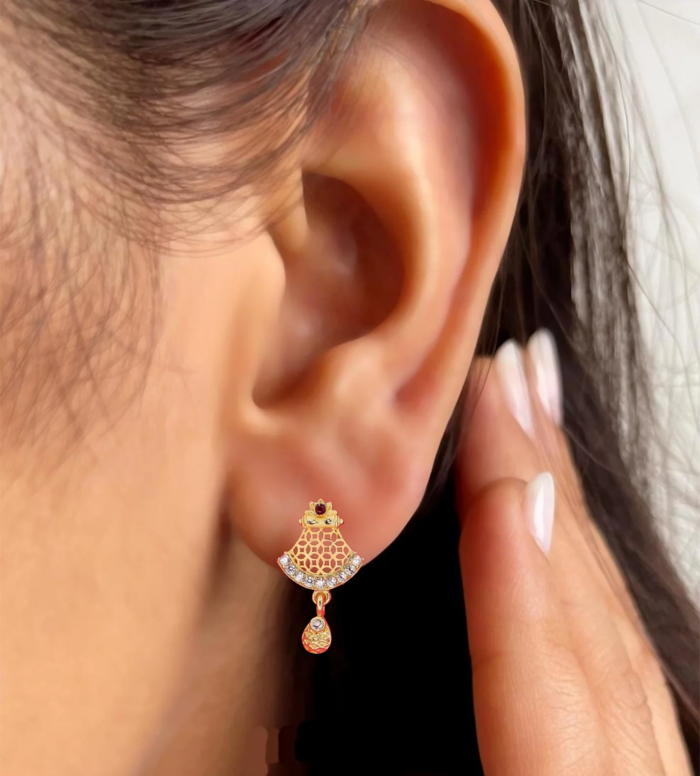 Gold Plated Jali Work & AD Stud Earrings for women and girls - Image 4