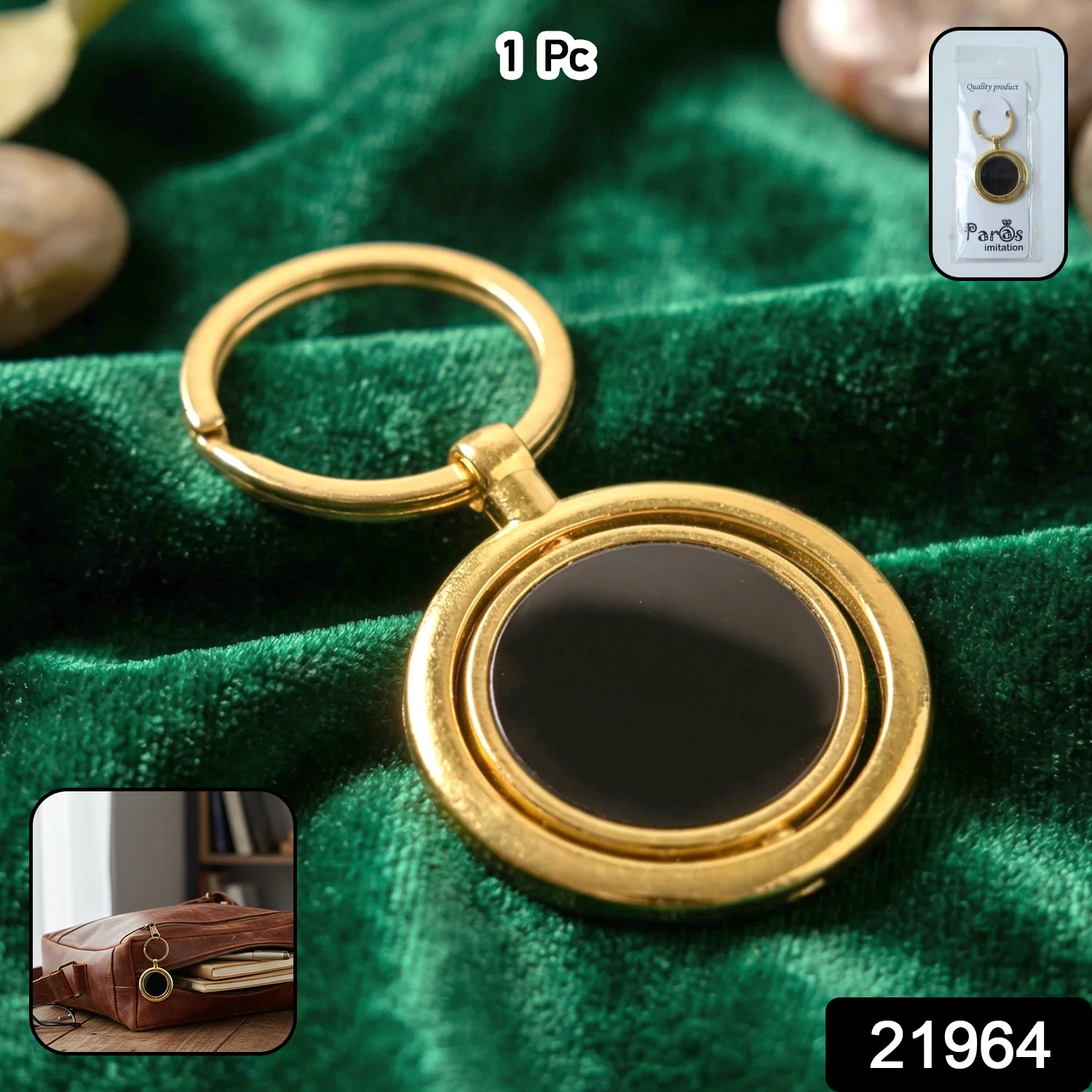 Gold Plated Keychain with Black Round Pendant Rotating (1 Pc) - Image 2