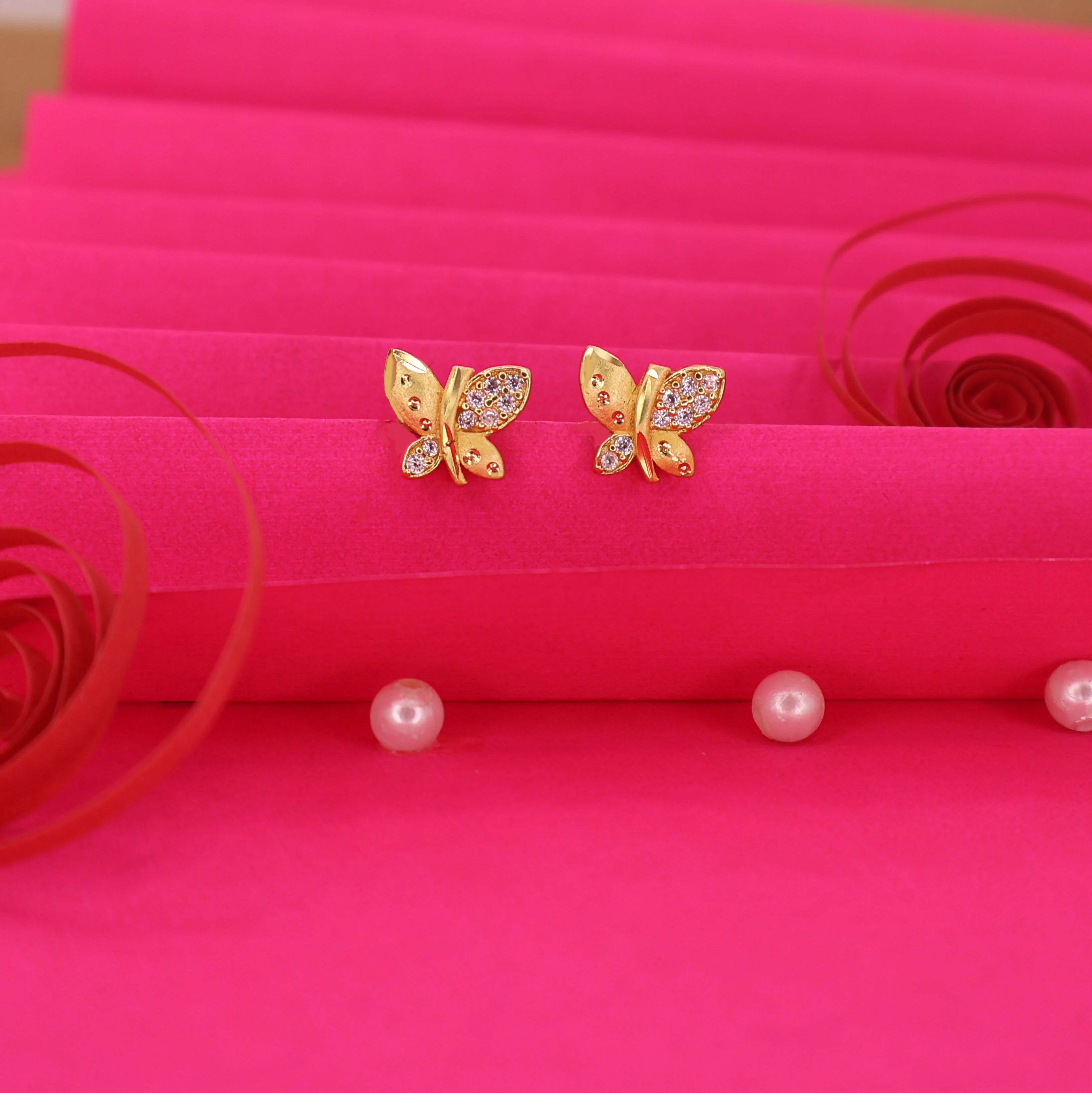 Gold Plated Matte Butterfly earing Studs with AD for women and girls - Image 2