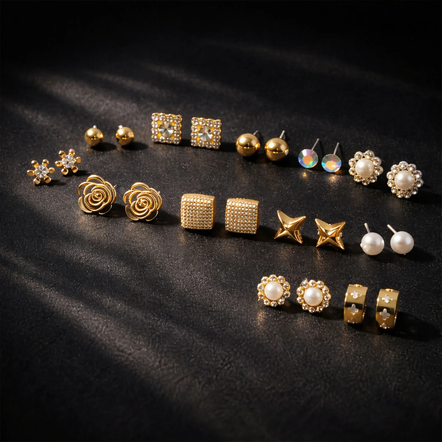 Gold Plated Multi Design Stud Earrings Set for Women & Girls – Fashion Combo Earrings Pack (12 Pairs) - Image 2