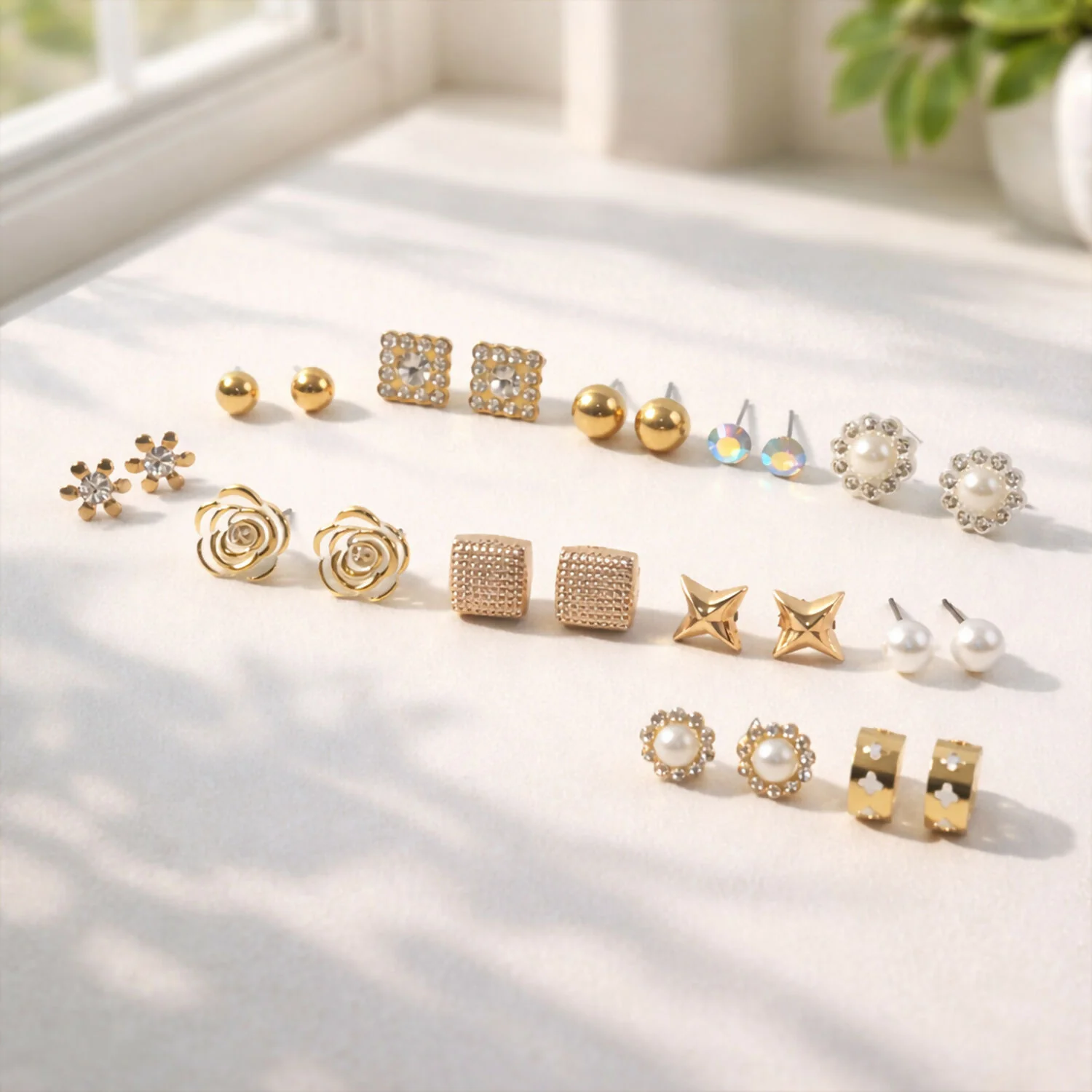 Gold Plated Multi Design Stud Earrings Set for Women & Girls – Fashion Combo Earrings Pack (12 Pairs) - Image 3