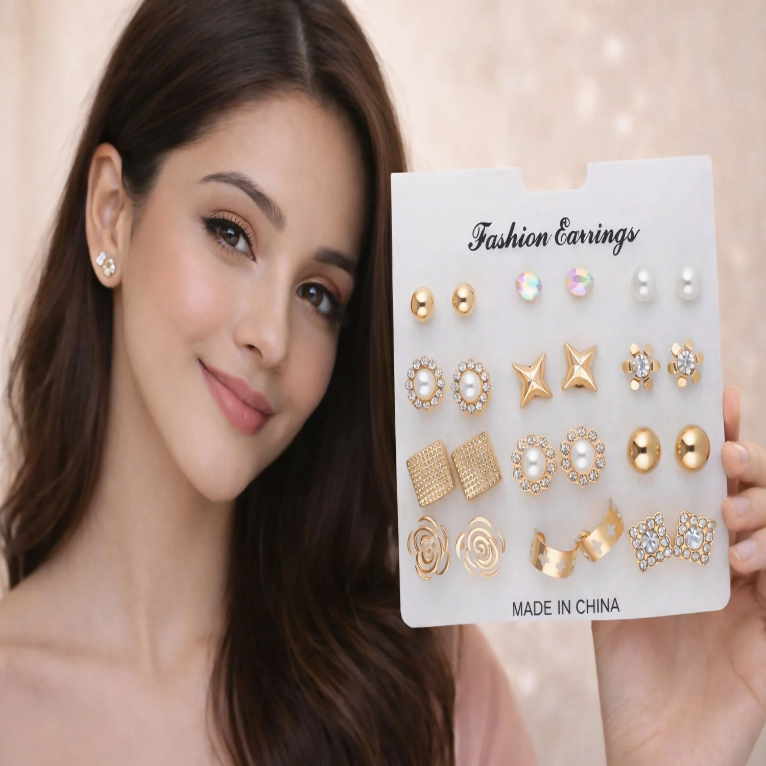 Gold Plated Multi Design Stud Earrings Set for Women & Girls – Fashion Combo Earrings Pack (12 Pairs) - Image 4