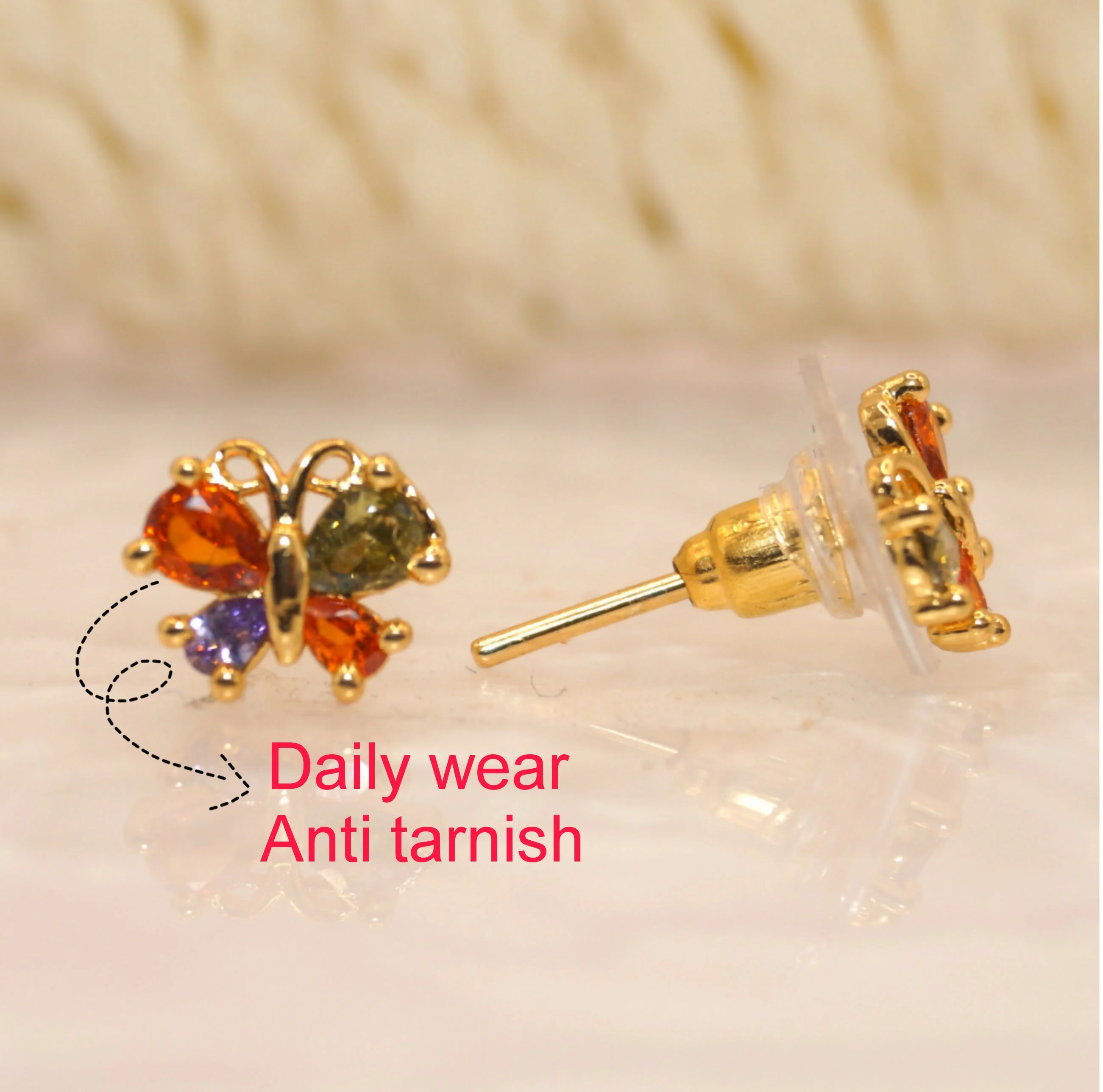 "Gold Plated Multicolored AD Butterfly Stud Earrings" for women and girls - Image 2