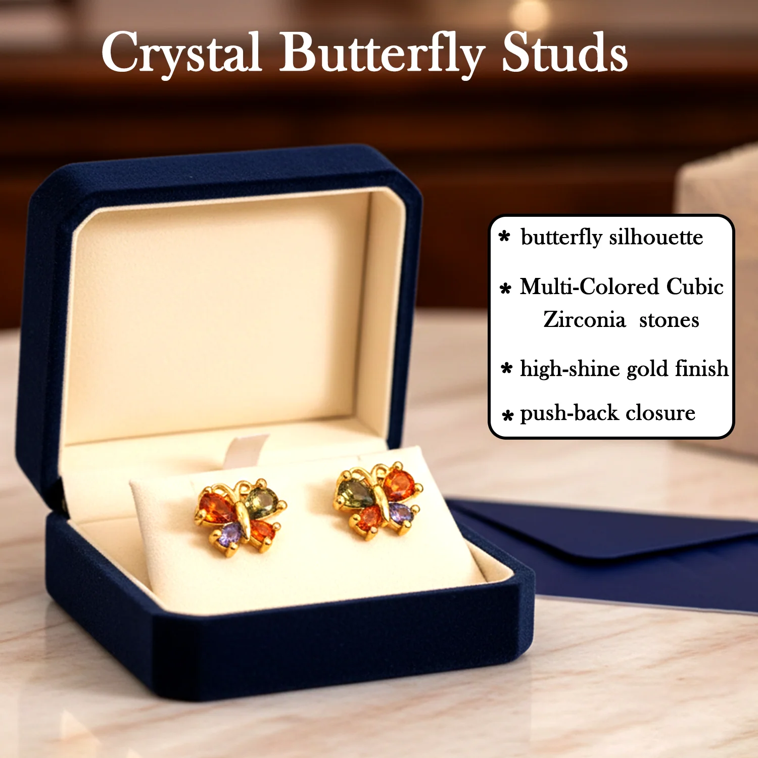 "Gold Plated Multicolored AD Butterfly Stud Earrings" for women and girls - Image 4