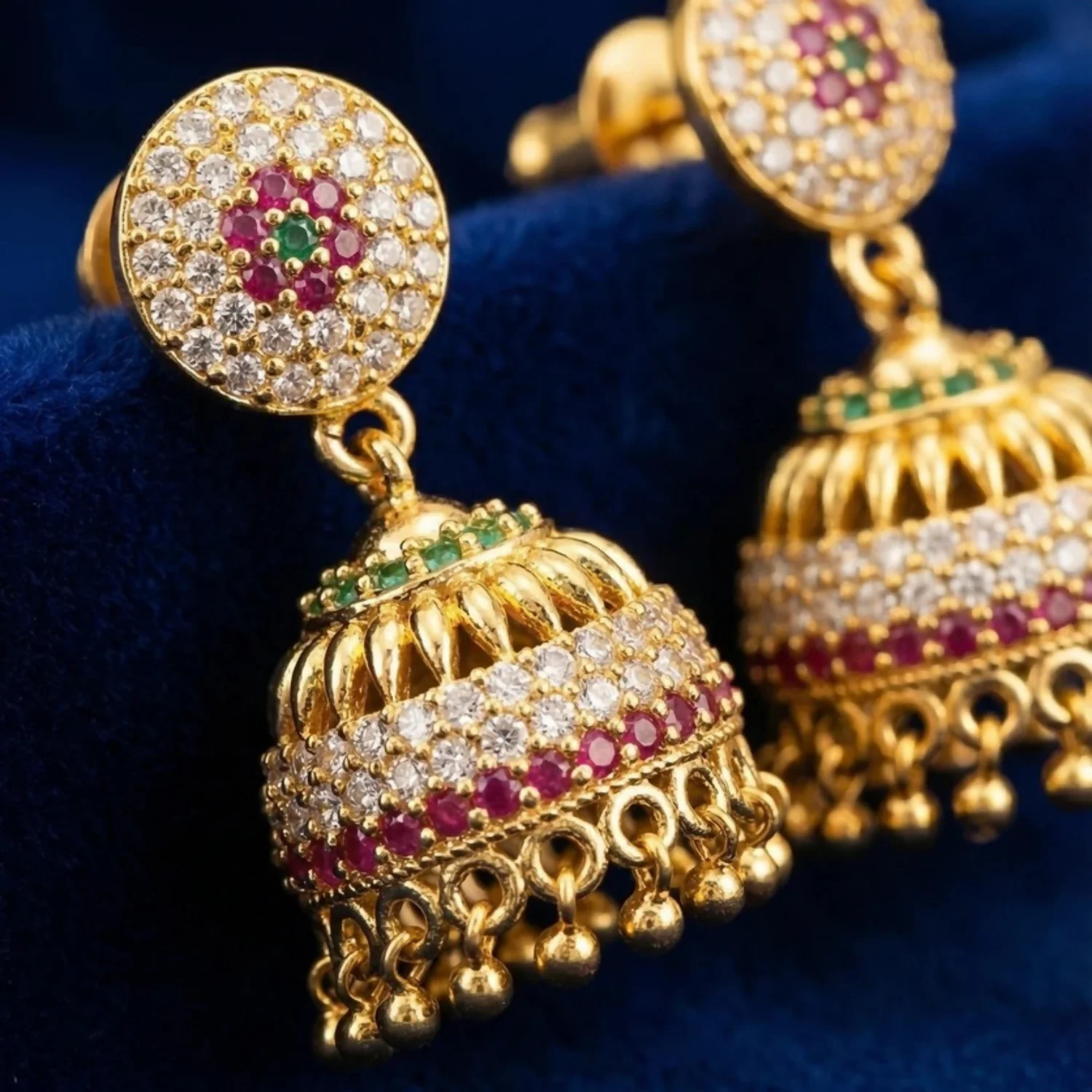 Gold-Plated Multicolour Ad Stone Studded Traditional Jhumka Earrings for Women - Image 2