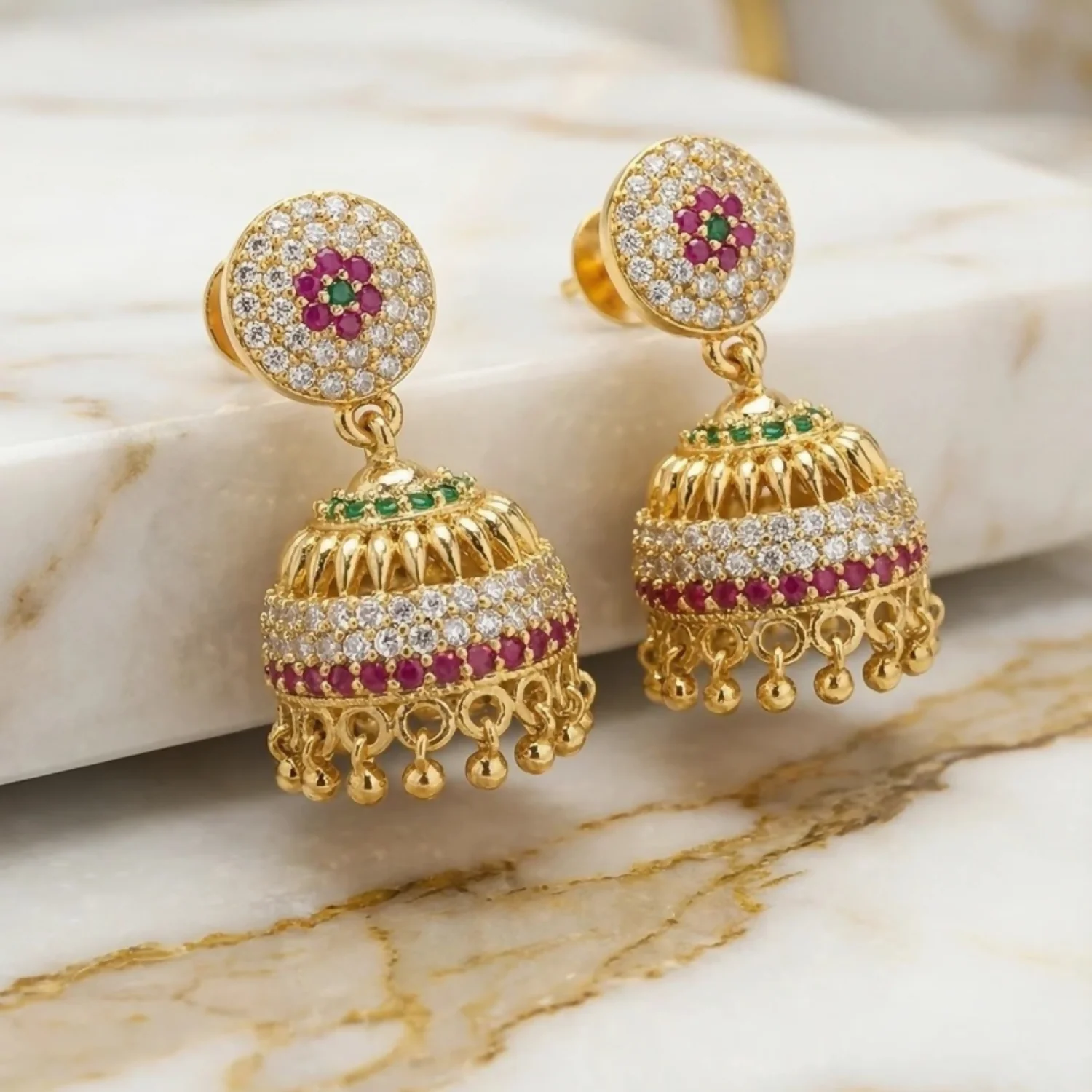 Gold-Plated Multicolour Ad Stone Studded Traditional Jhumka Earrings for Women - Image 3