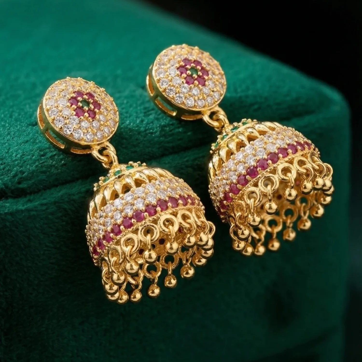 Gold-Plated Multicolour Ad Stone Studded Traditional Jhumka Earrings for Women - Image 4