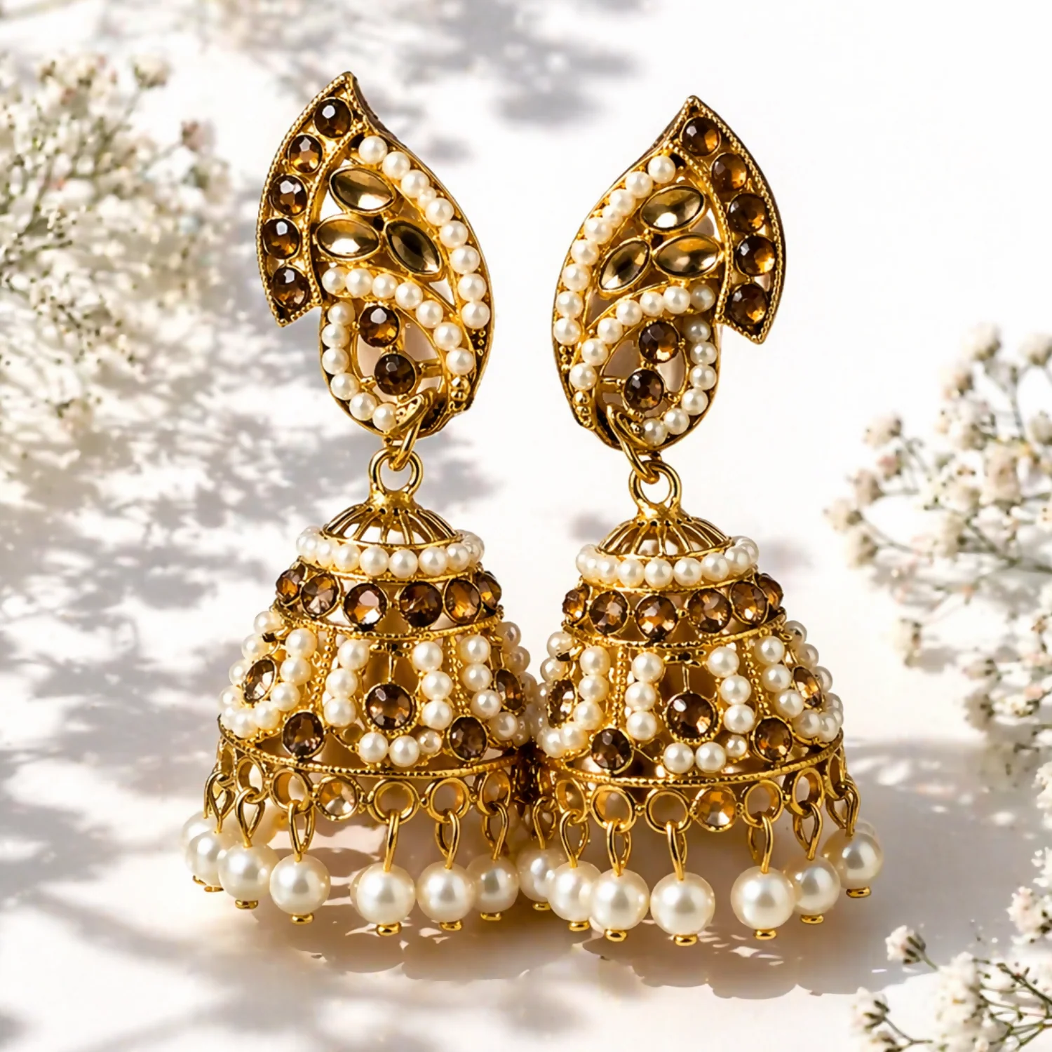 Gold Plated Pearl Jhumka Earrings with Stone Work Traditional Ethnic Design for Women - Image 2