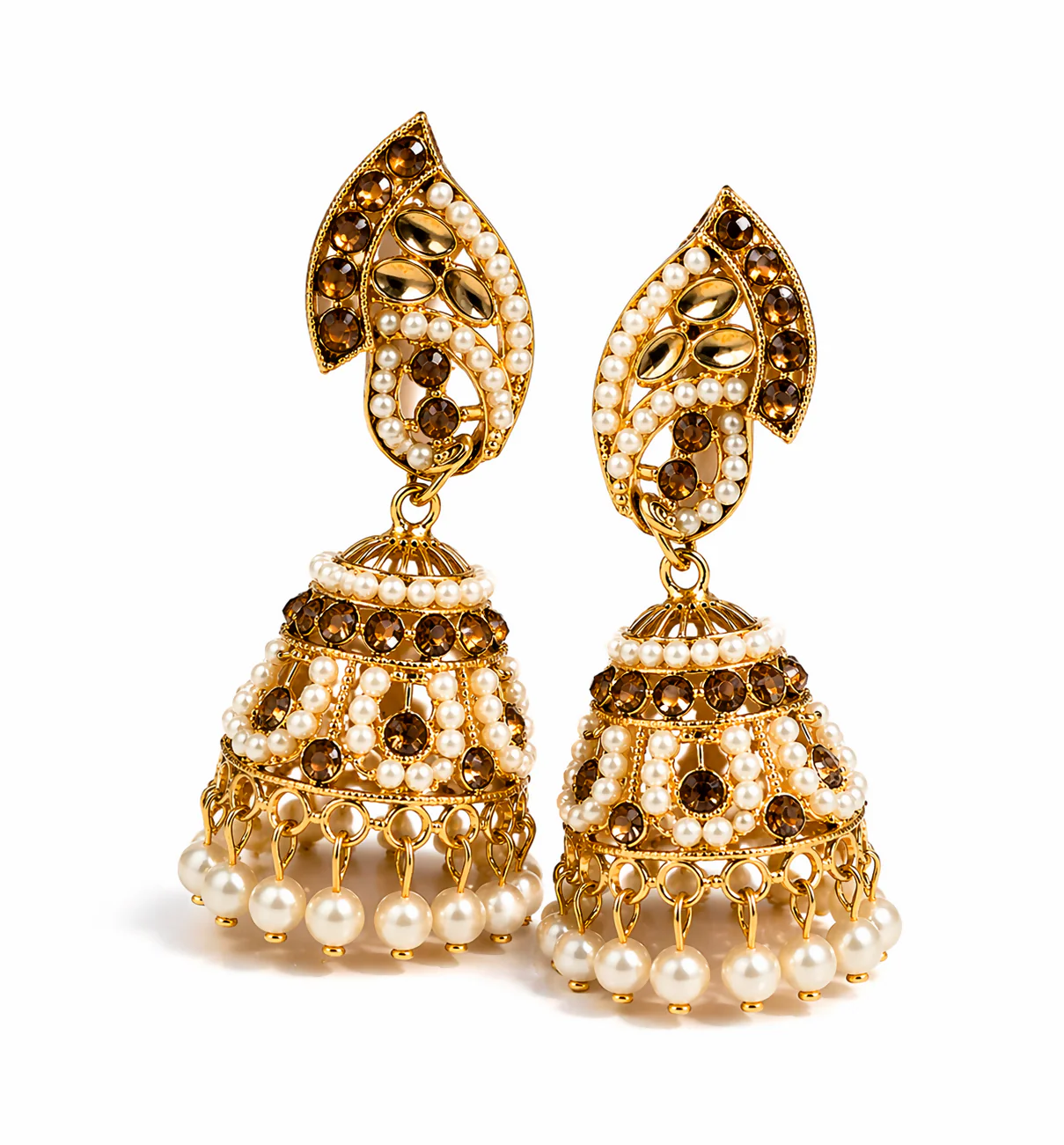 Gold Plated Pearl Jhumka Earrings with Stone Work Traditional Ethnic Design for Women - Image 4