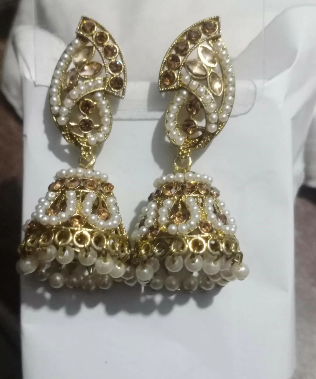 Gold Plated Pearl Jhumka Earrings with Stone Work Traditional Ethnic Design for Women - Image 5