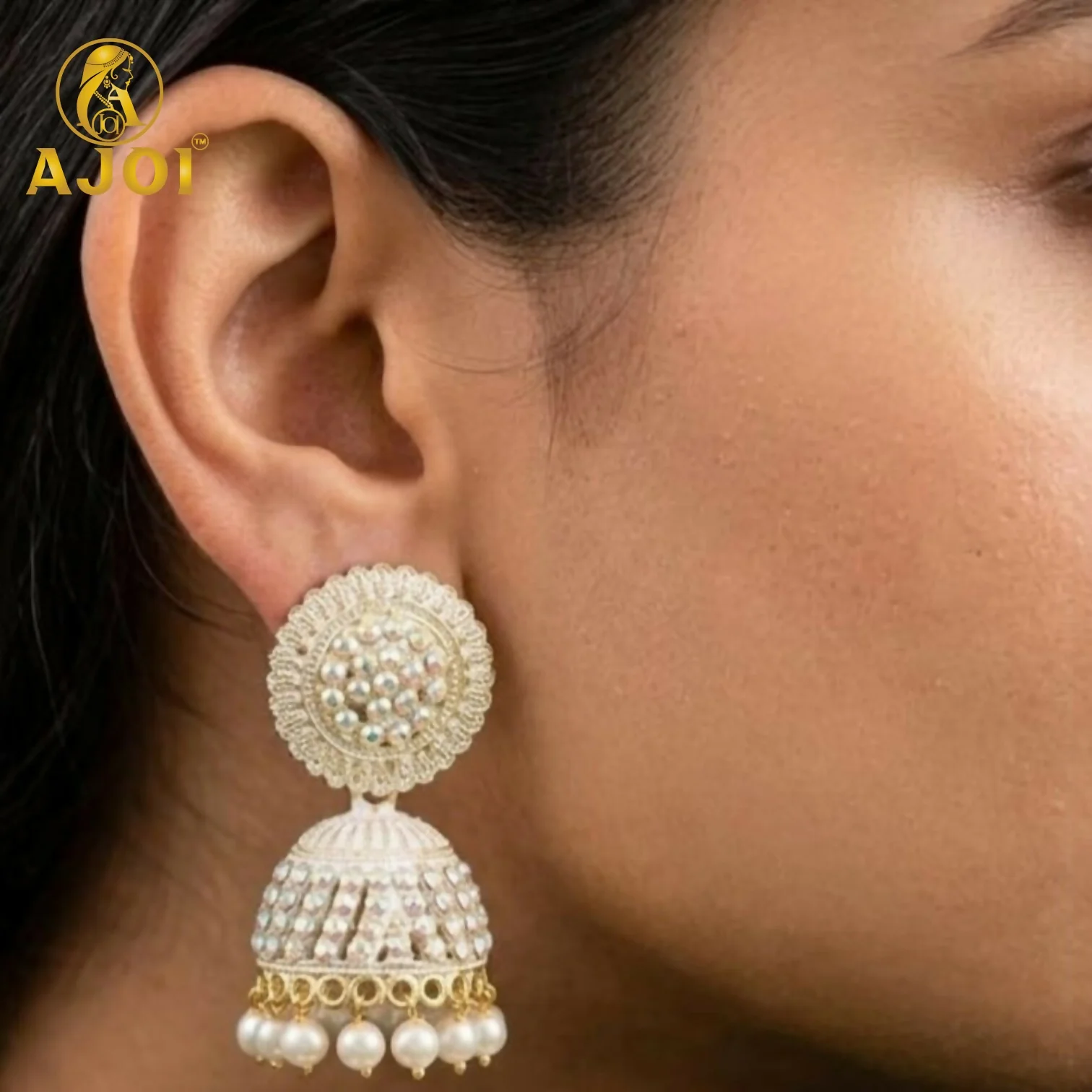 Gold Plated Pearl Jhumka Earrings with White Elegant Ethnic - Image 2