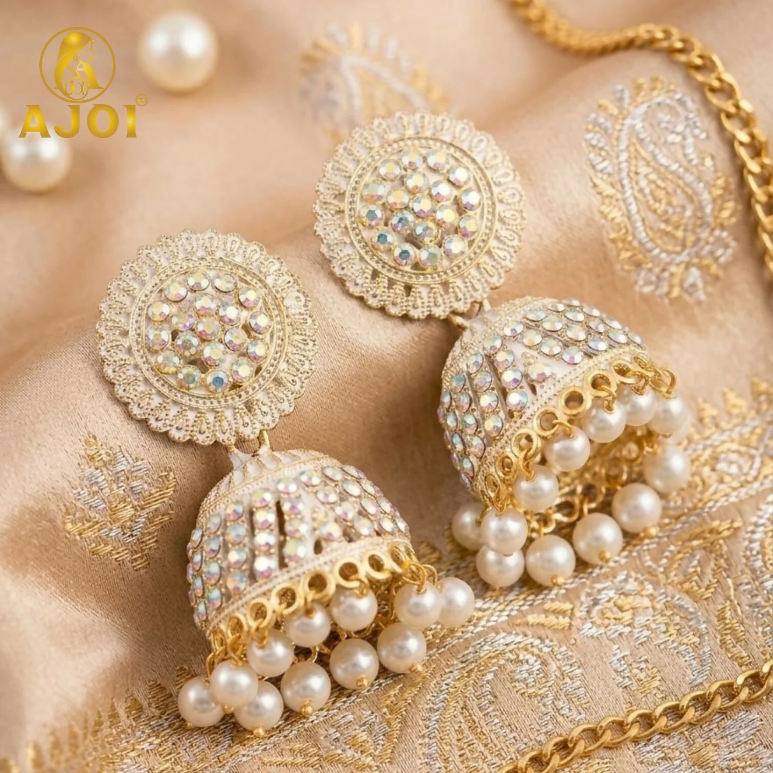 Gold Plated Pearl Jhumka Earrings with White Elegant Ethnic - Image 3