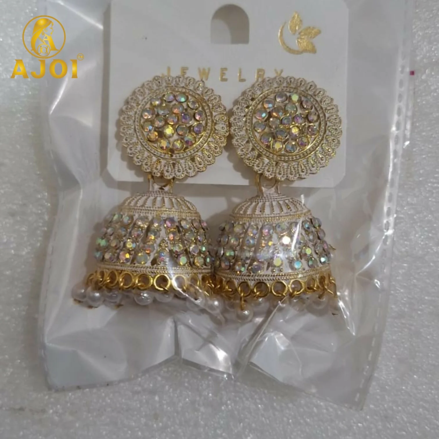 Gold Plated Pearl Jhumka Earrings with White Elegant Ethnic - Image 4