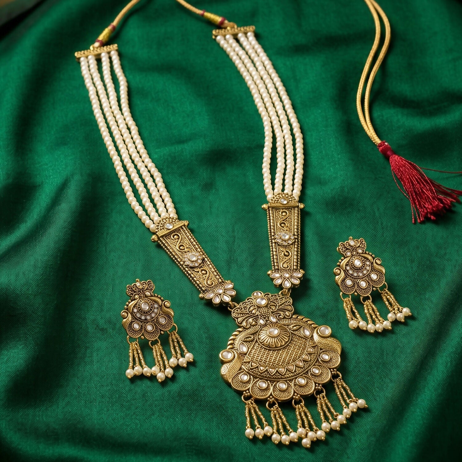 Gold-Plated Pearl Necklace Set with Intricate Work and Matching Earrings - Image 2