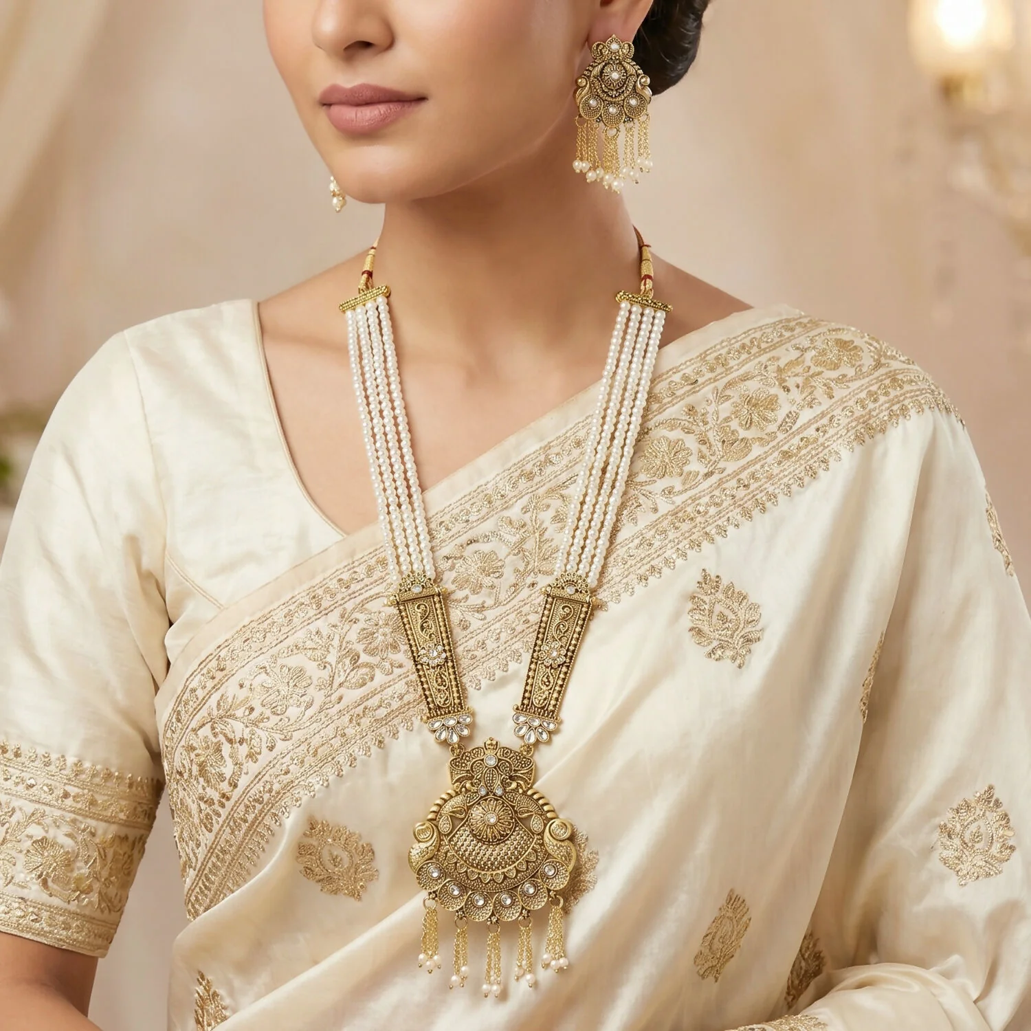 Gold-Plated Pearl Necklace Set with Intricate Work and Matching Earrings - Image 3