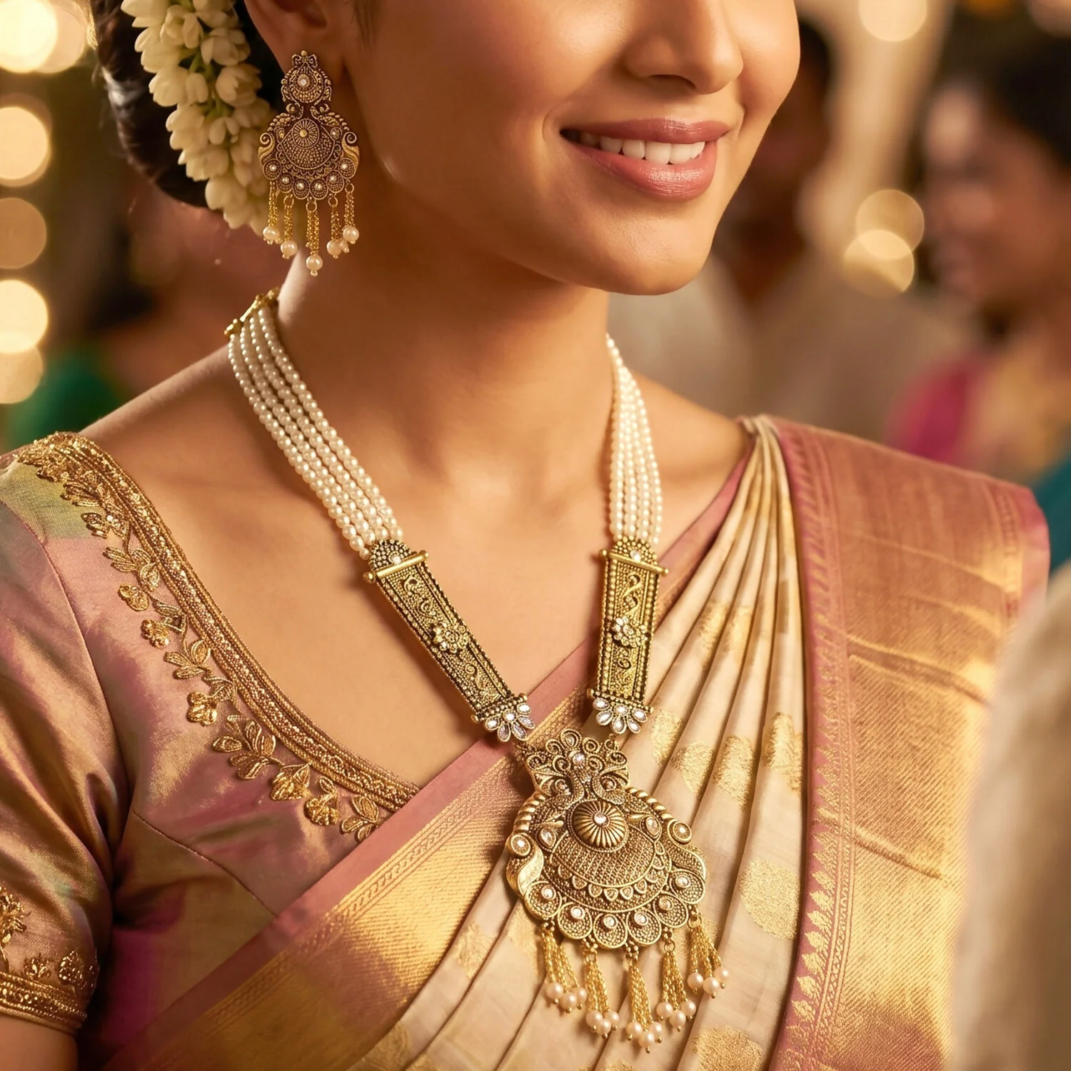 Gold-Plated Pearl Necklace Set with Intricate Work and Matching Earrings - Image 4