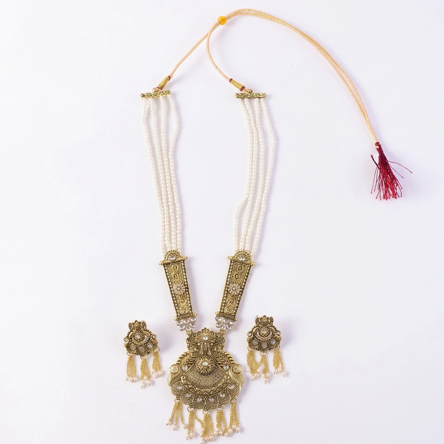 Gold-Plated Pearl Necklace Set with Intricate Work and Matching Earrings - Image 6
