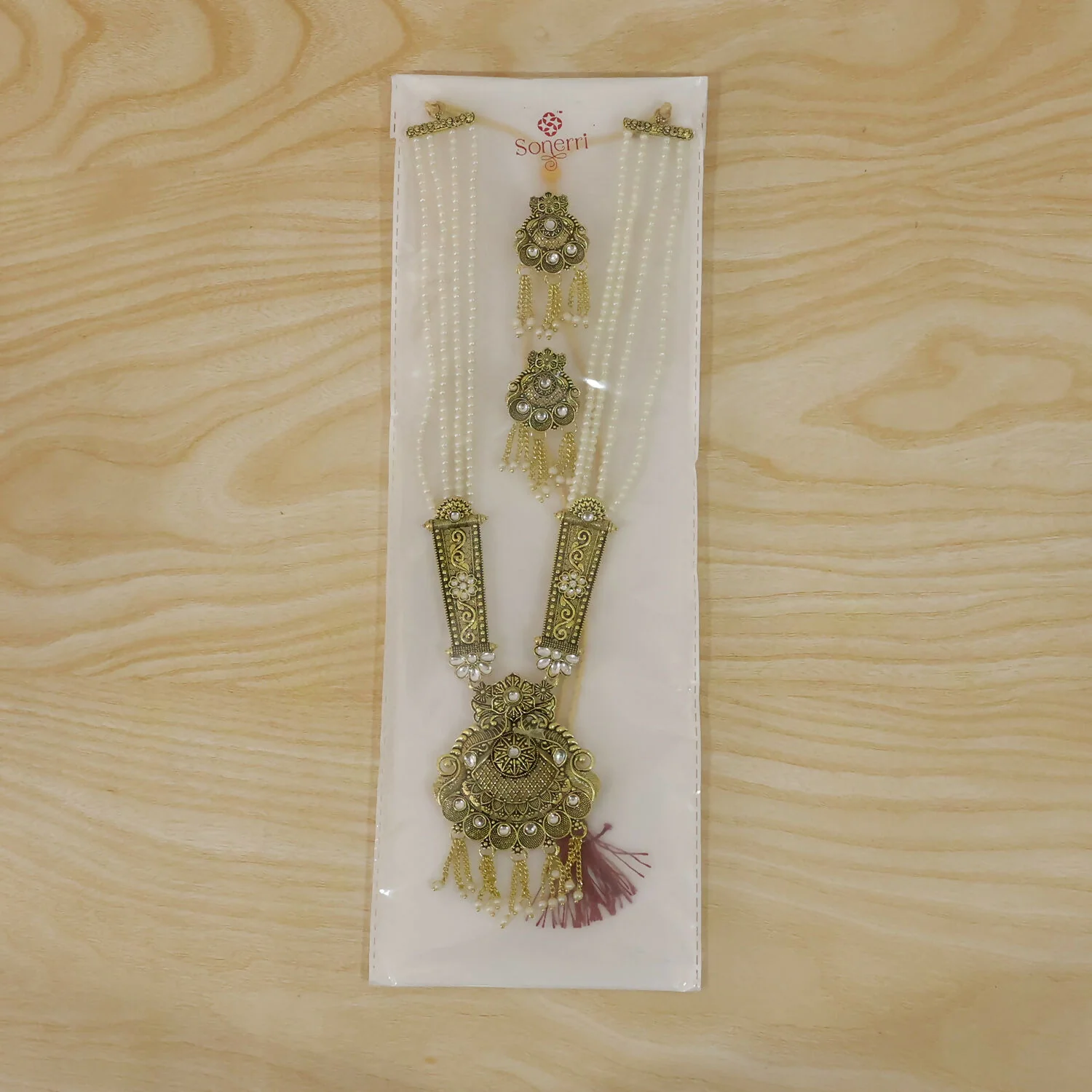 Gold-Plated Pearl Necklace Set with Intricate Work and Matching Earrings - Image 7