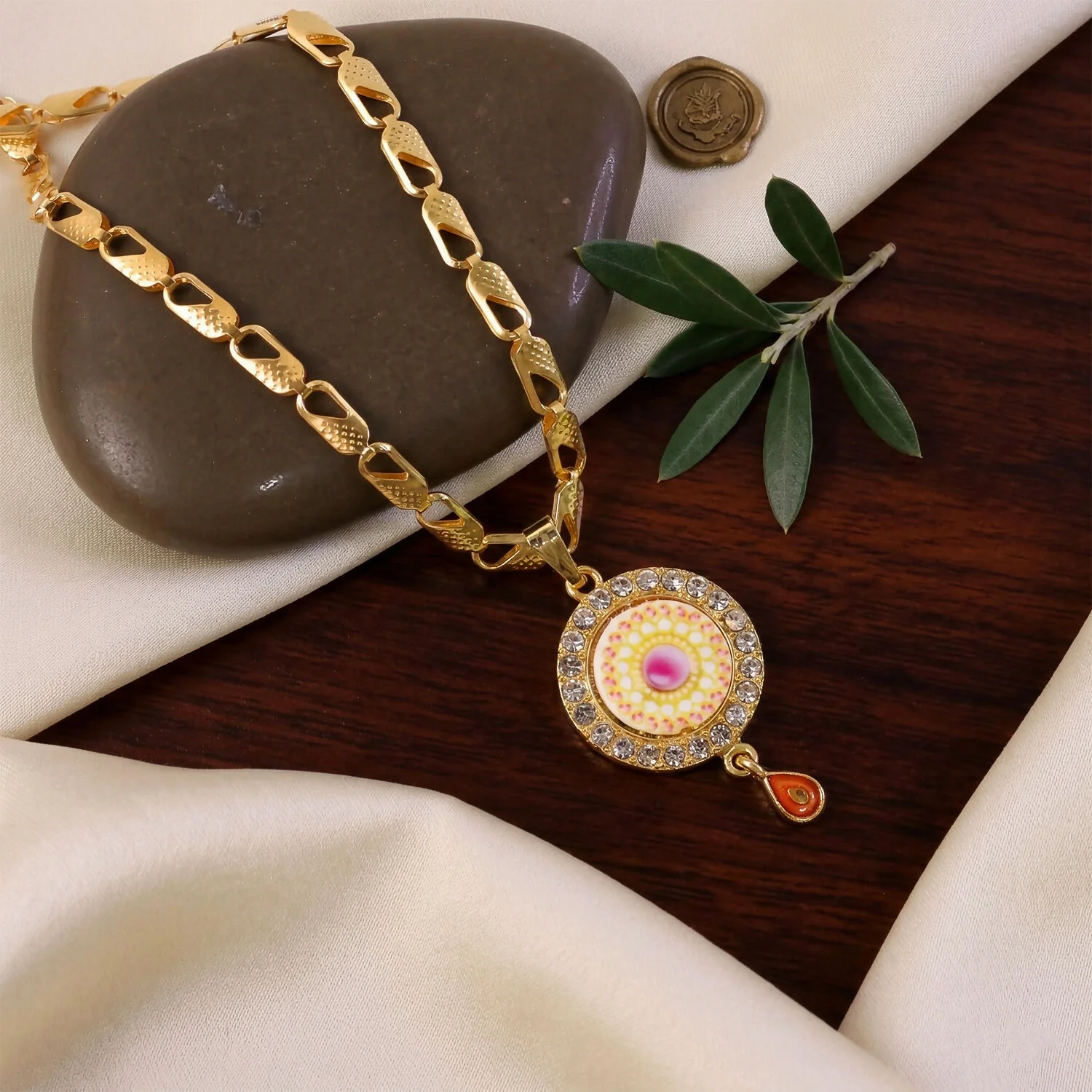 Gold Plated Pendant Necklace with Stone Studded Design - Image 3