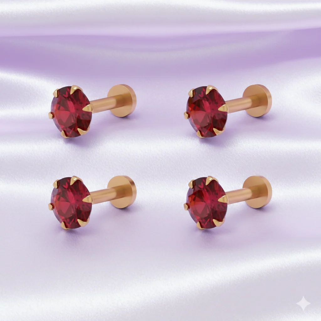 Gold Plated Red Ruby AD Nosepin Stud Flat Back Labret Piercing Combo Pack of 4 - Image 2