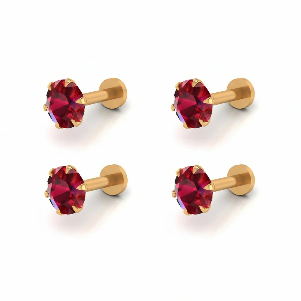 Gold Plated Red Ruby AD Nosepin Stud Flat Back Labret Piercing Combo Pack of 4 - Image 3