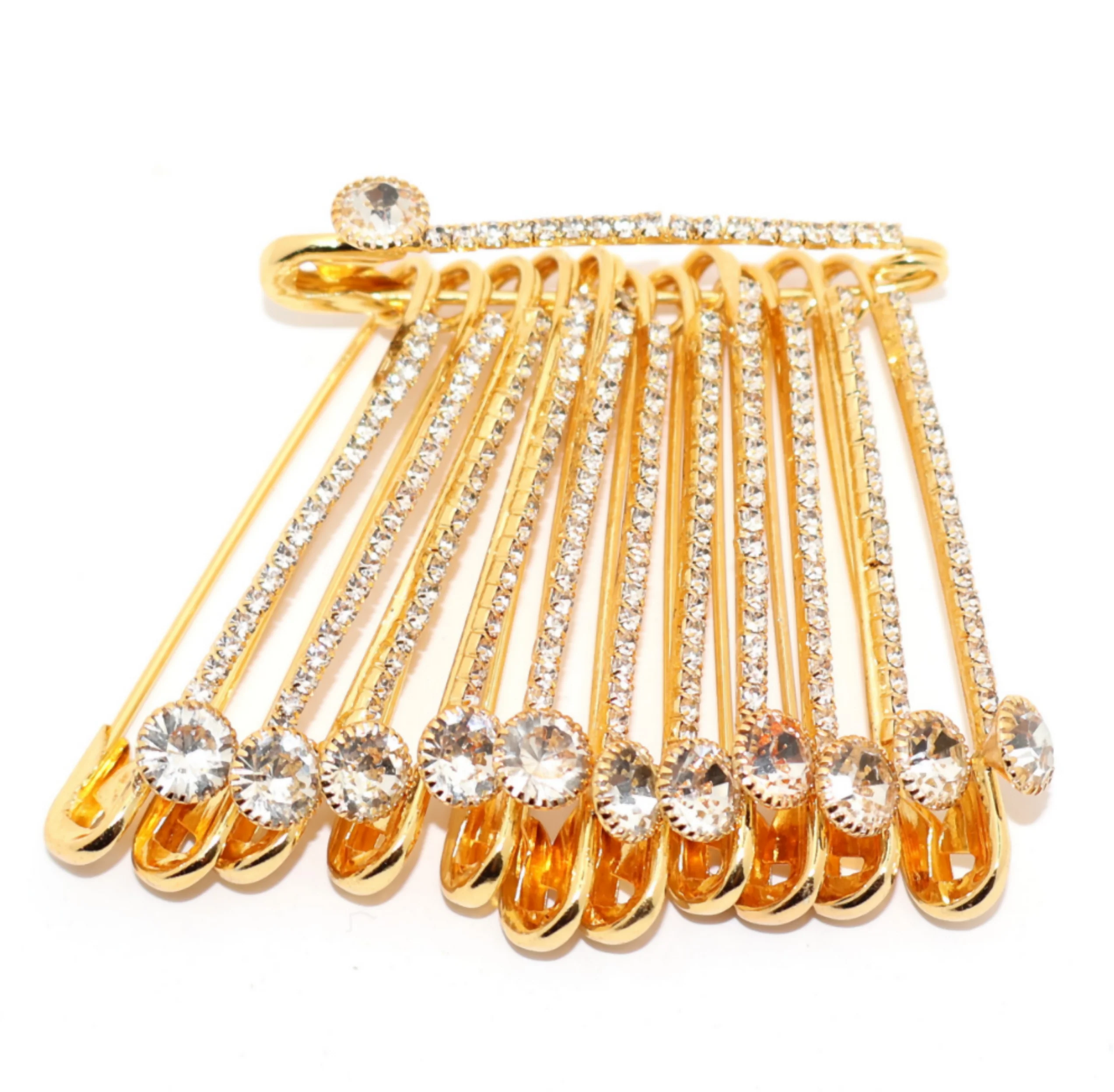 Gold Plated Rhinestone Dangle Saree Pin Brooch - Crystal Accent Clip - Image 2
