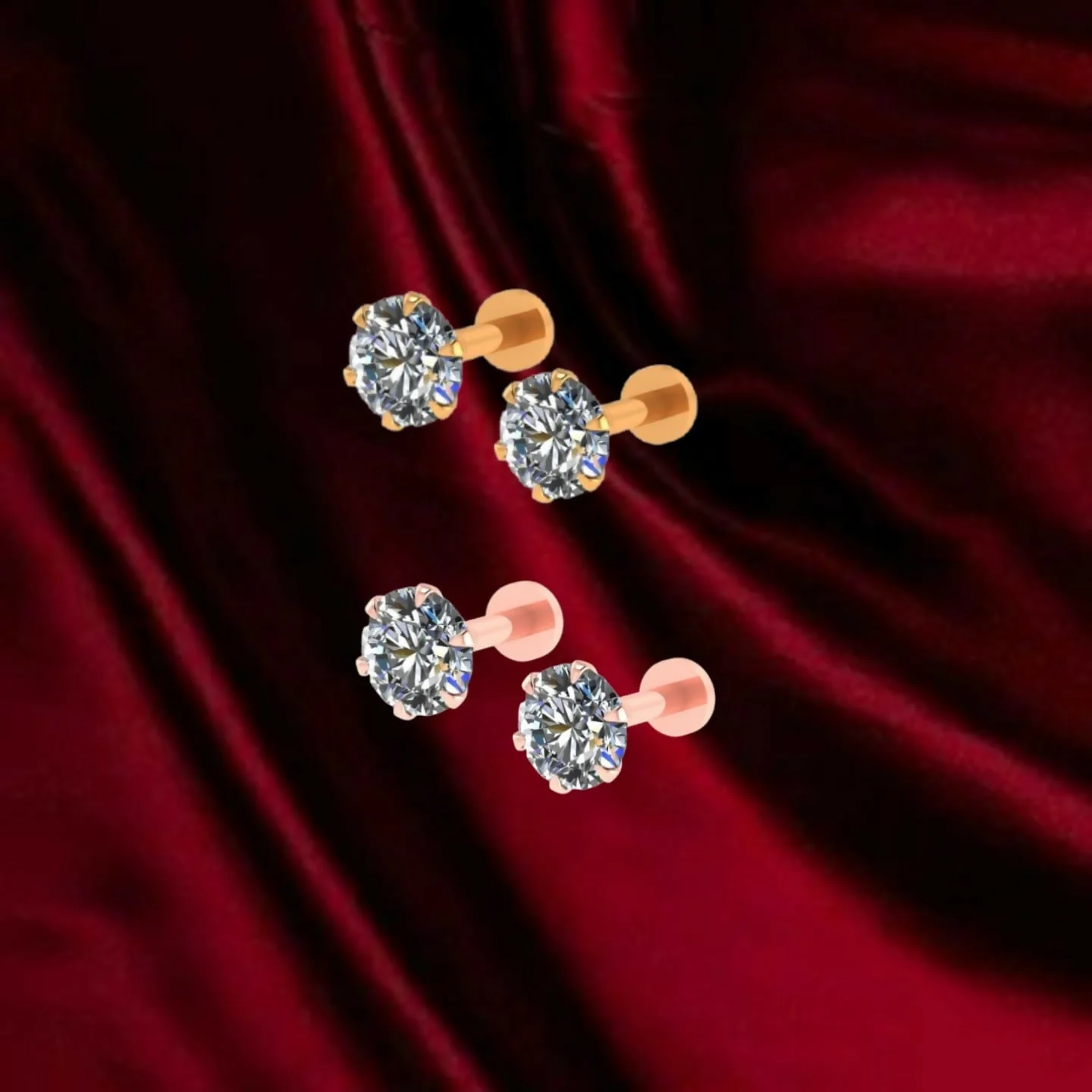 Gold Plated Round AD Solitaire Flat Back Stud Earrings Combo Pack of 2 - Image 2