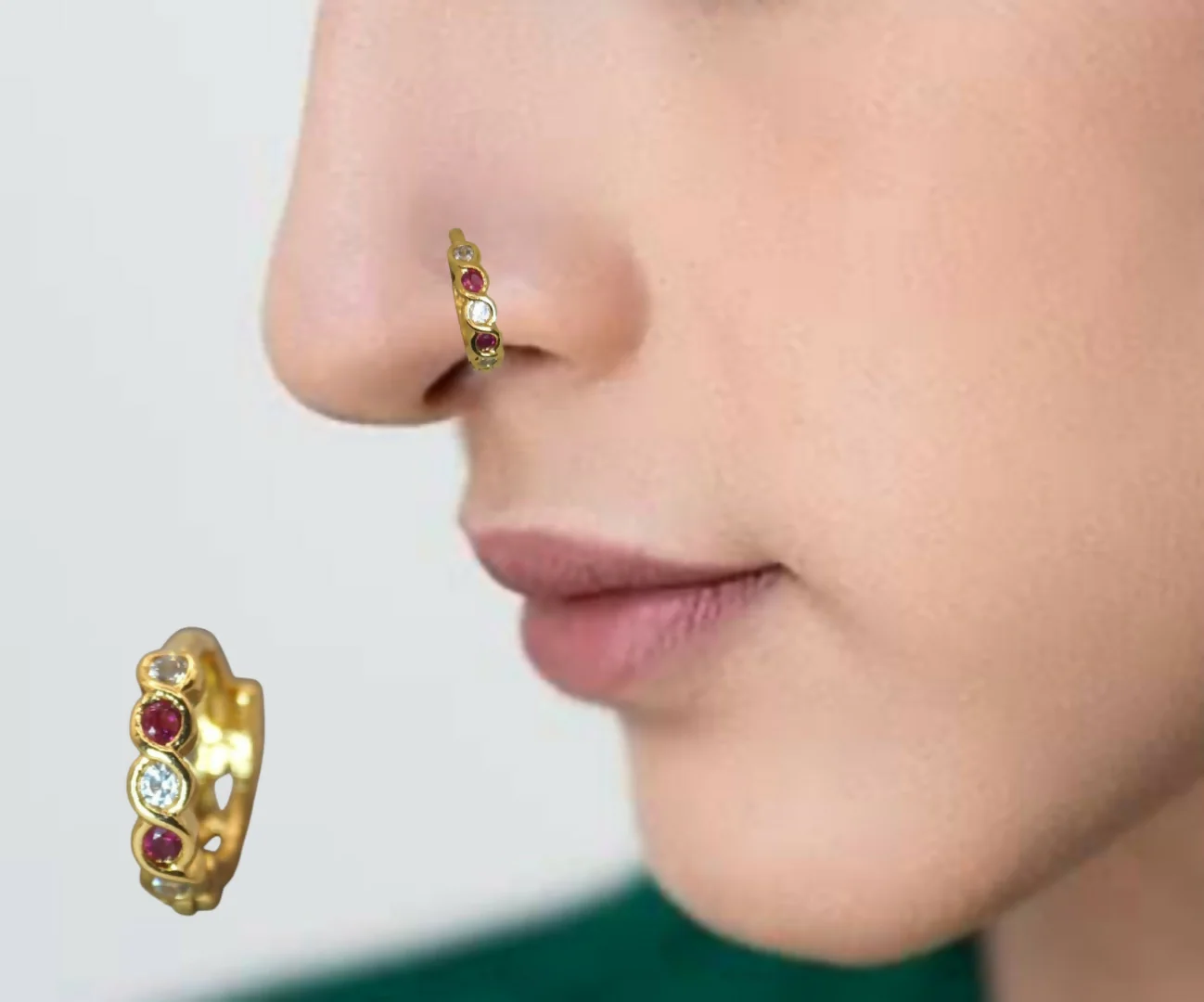 Gold Plated Ruby & AD Stones Nosepin Ring Hoop for women and girls - Image 2