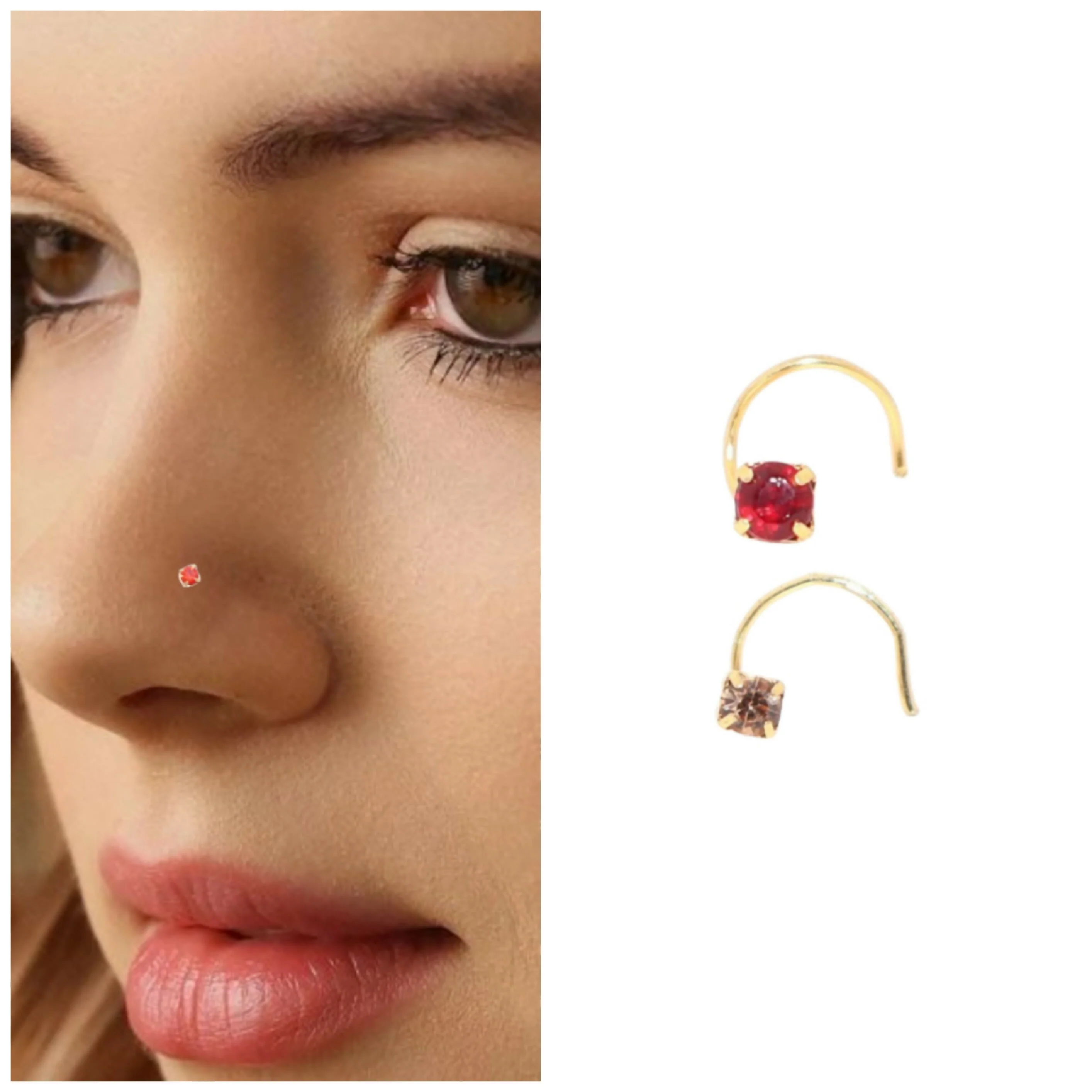 Gold Plated Ruby & Champagne Crystal Nosepin kati Combo Pack of 2 - Image 2