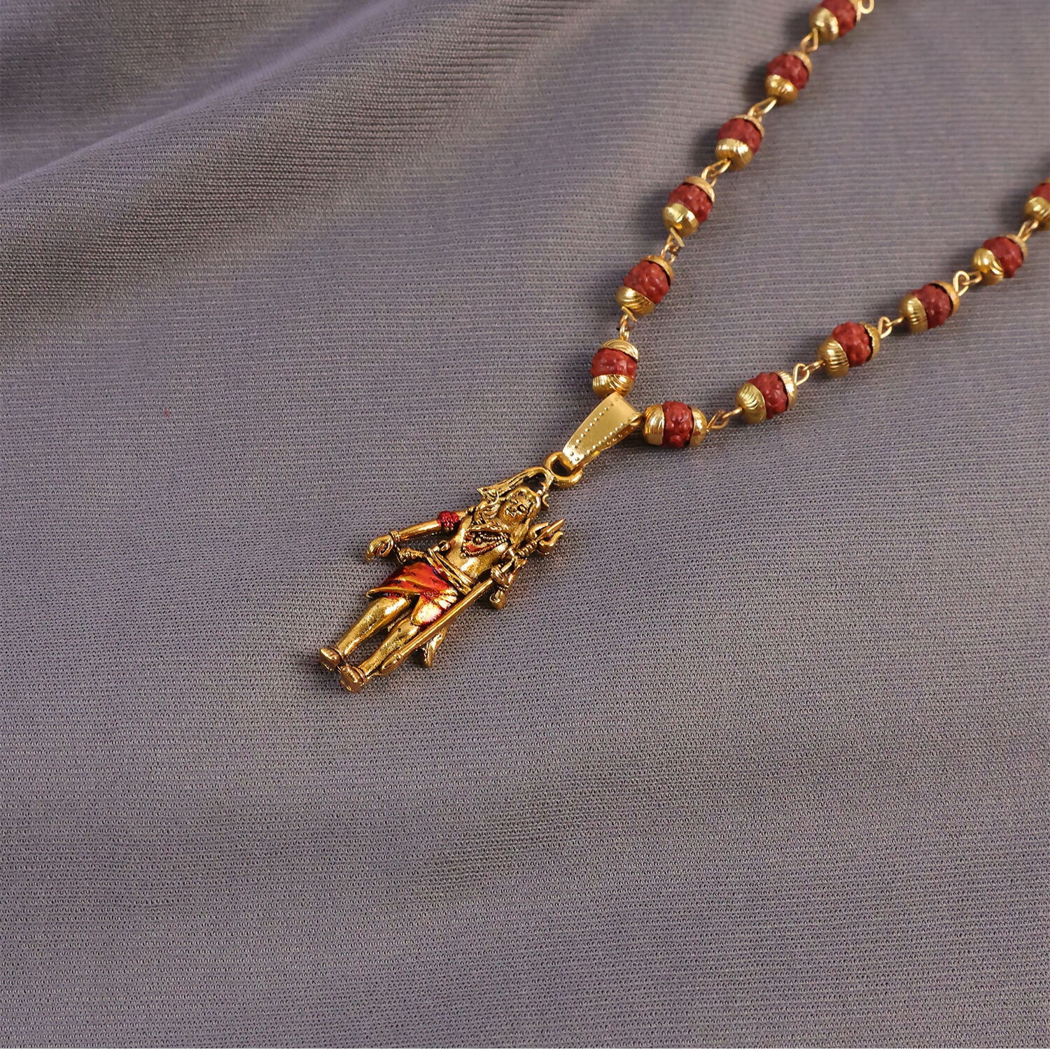 Gold Plated Shiv Ji Pendant & Rudraksha Bead Necklace - Image 3