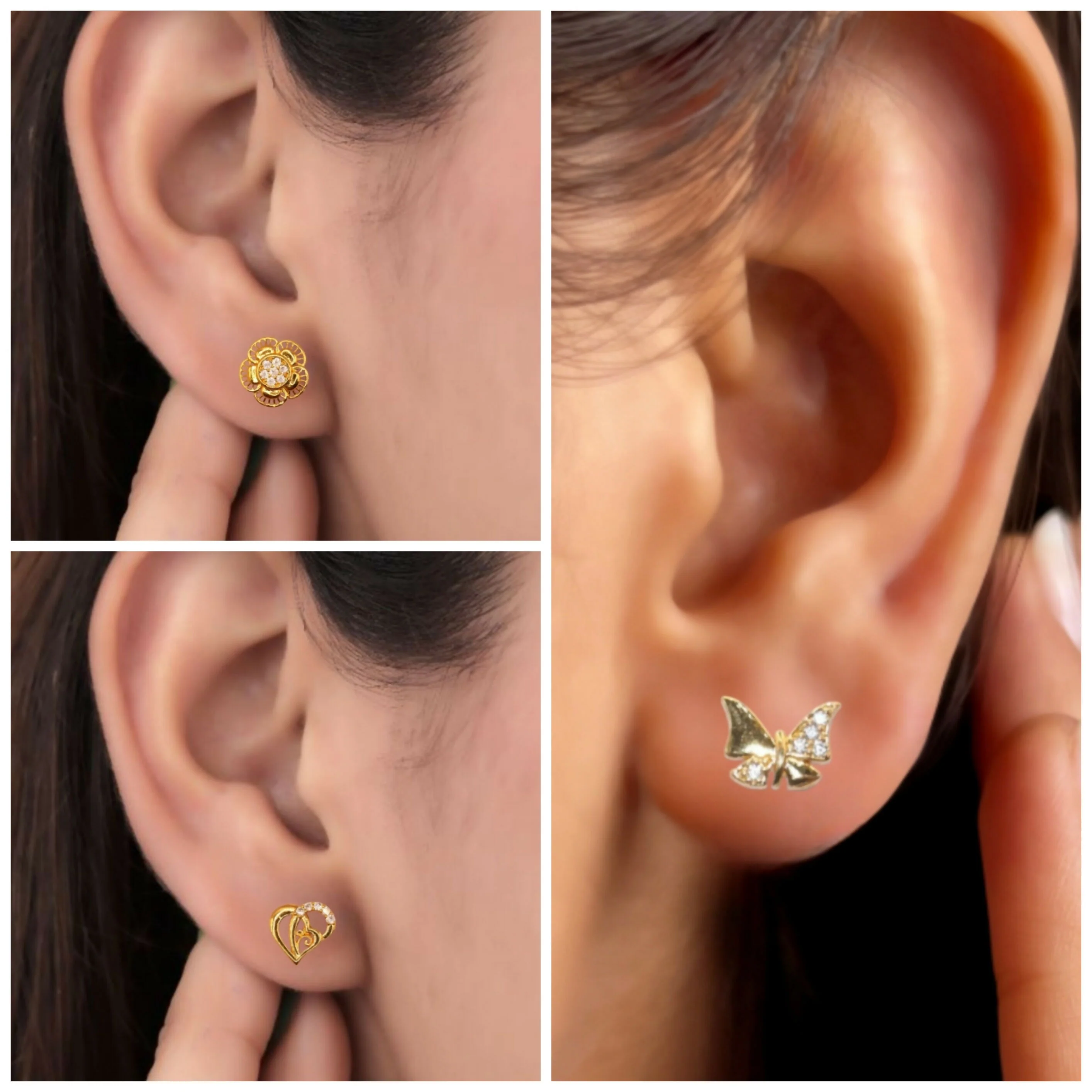 Gold Plated Stud Earring Combo | Heart, Butterfly & Floral" for women and girls Combo Pack of 3 - Image 2
