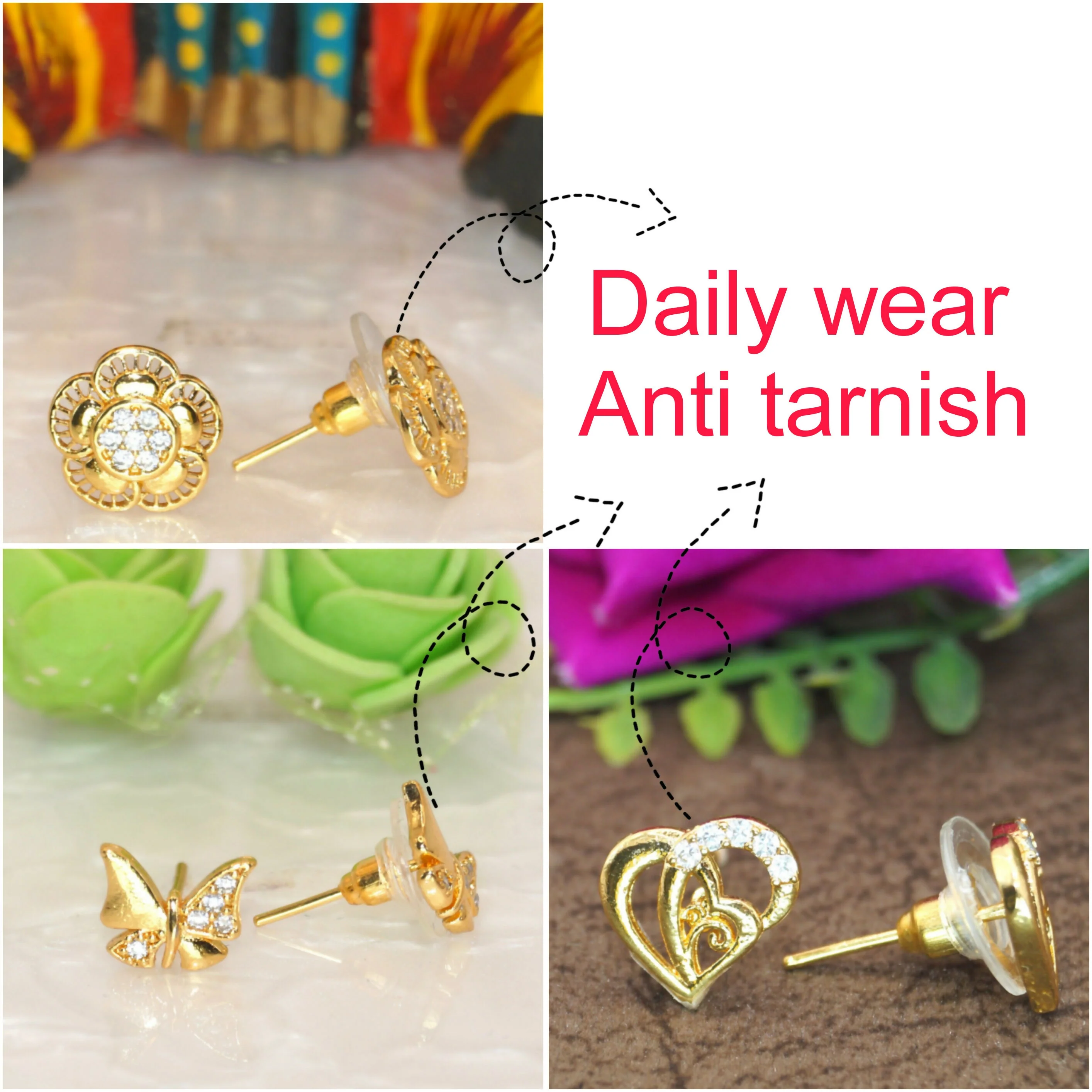 Gold Plated Stud Earring Combo | Heart, Butterfly & Floral" for women and girls Combo Pack of 3 - Image 3
