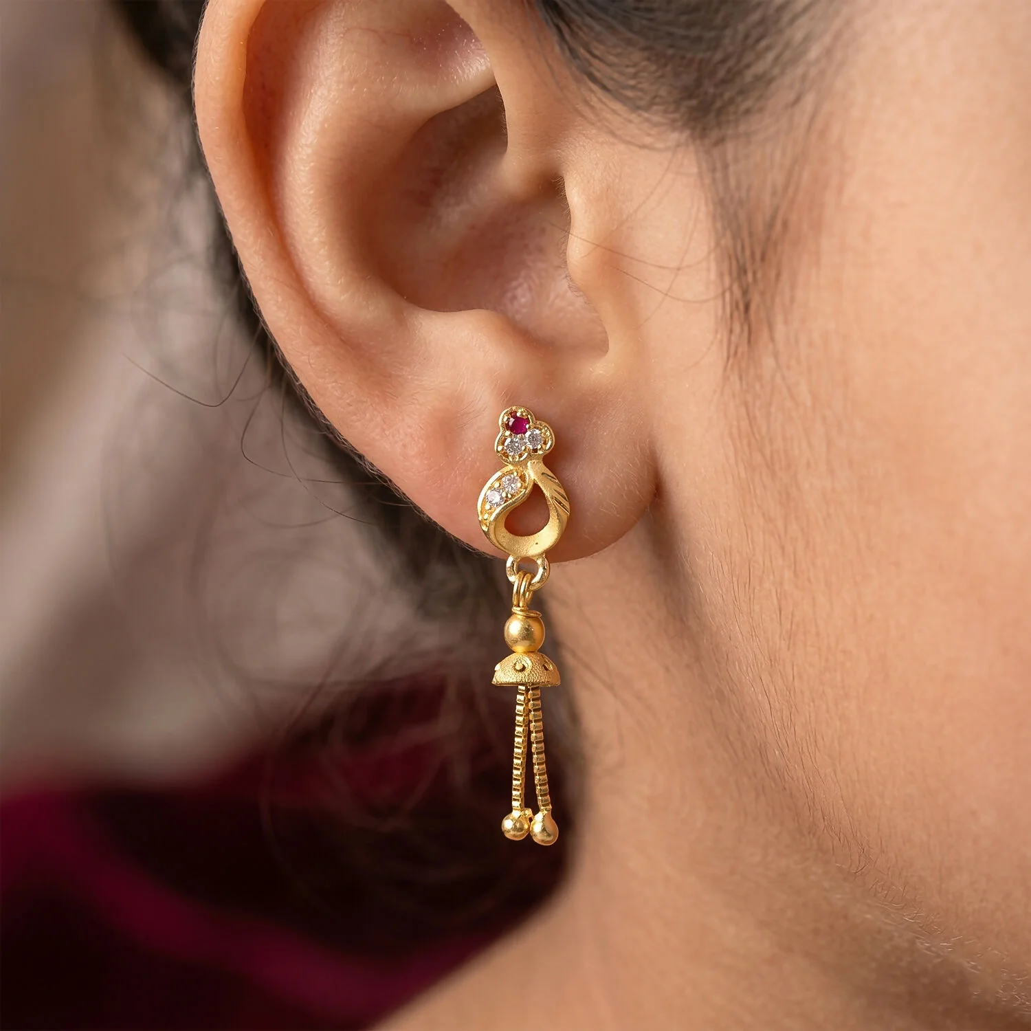 Gold-Plated Traditional Casting Chain Drop Earrings with Ruby and AD Stones - Image 2