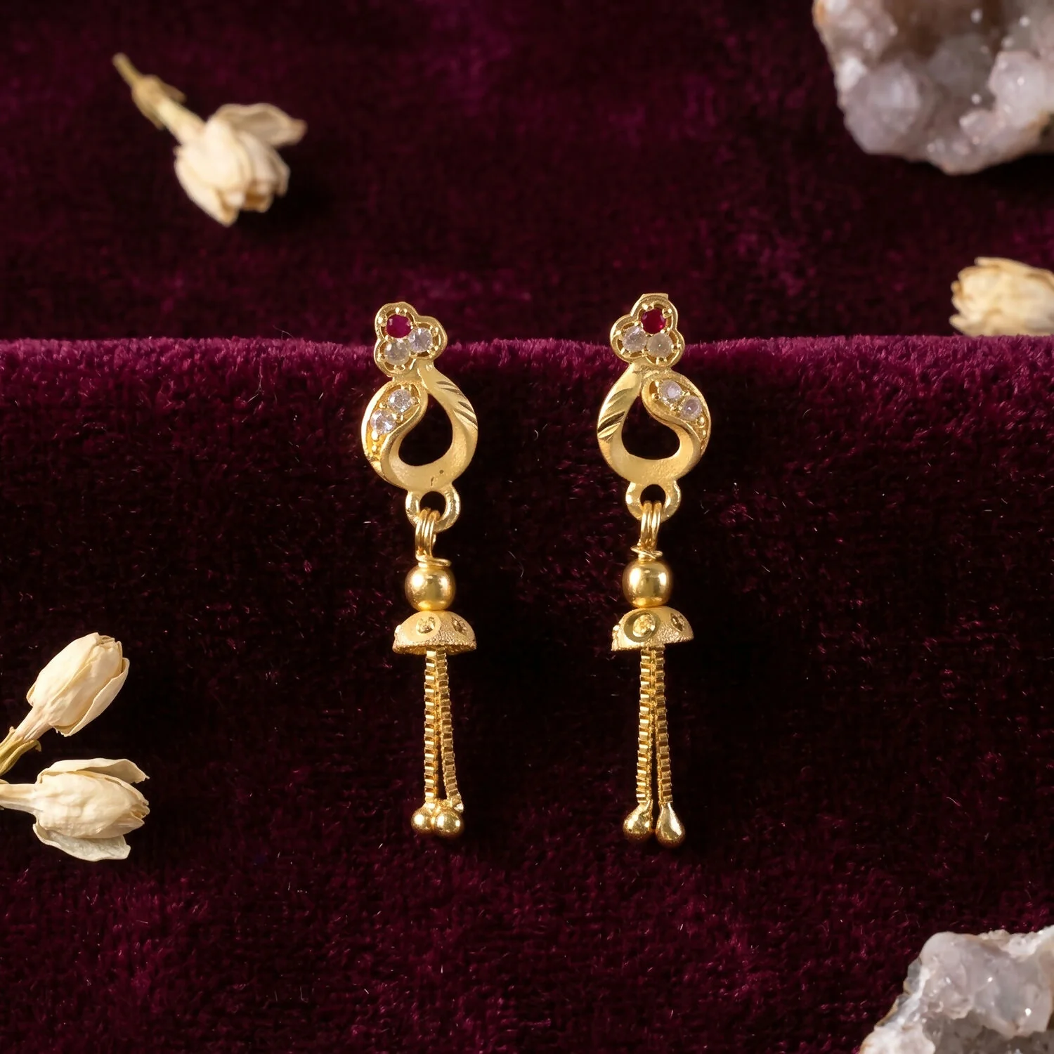 Gold-Plated Traditional Casting Chain Drop Earrings with Ruby and AD Stones - Image 3